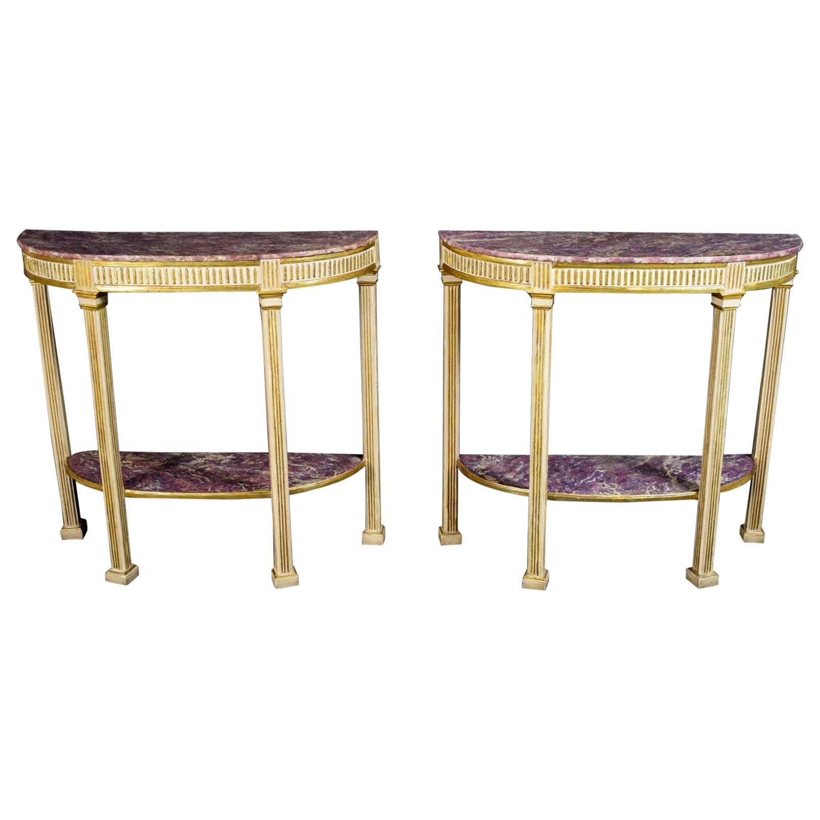 18th Century White Gold and False Amethyst Wood Neoclassic Pair of Consoles