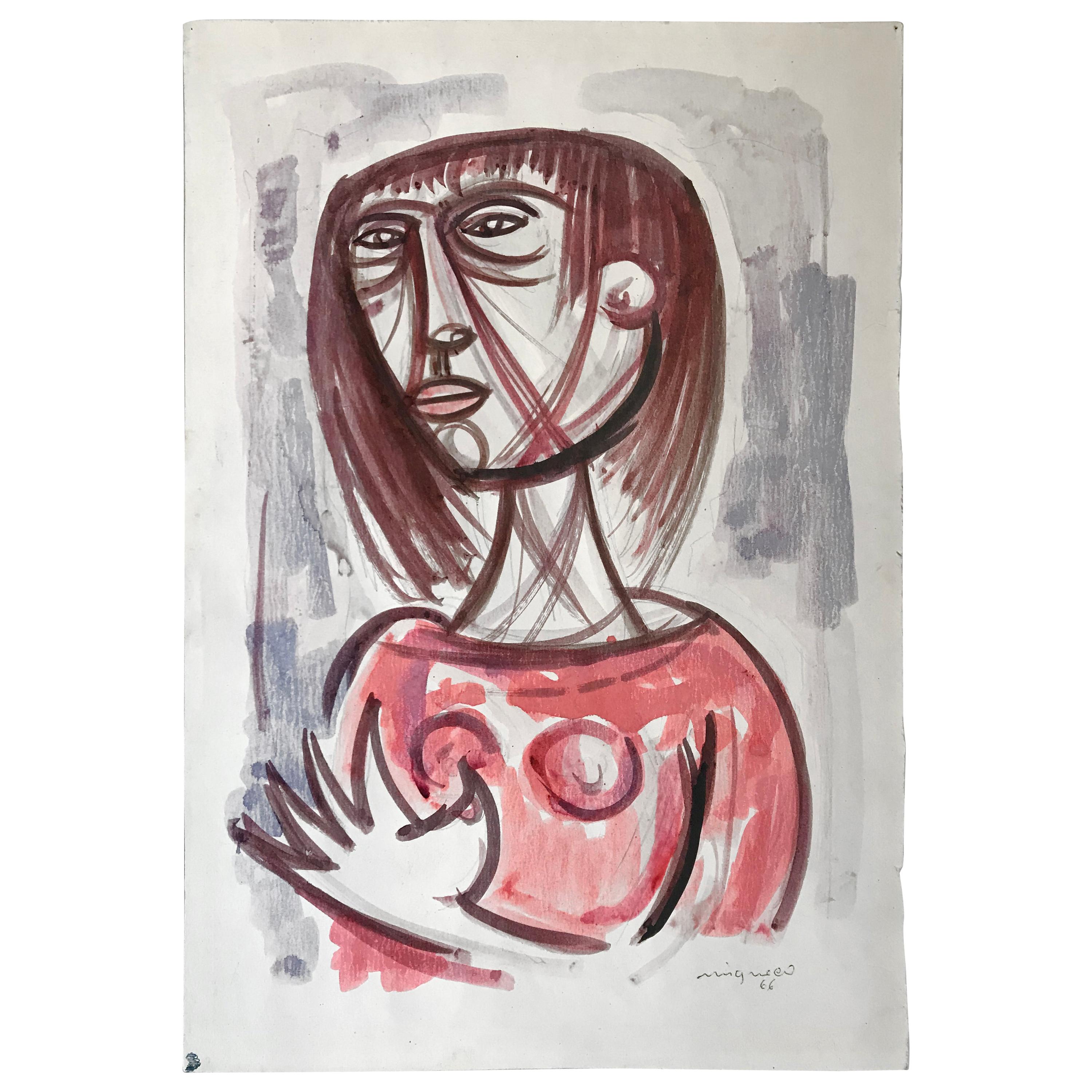 Giuseppe Migneco Italian Midcentury Modern Drawing Watercolor on Paper, 1966
