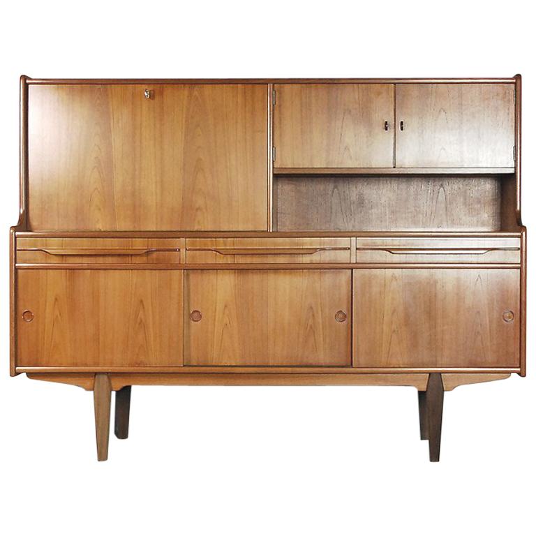 Danish Classic Teak Highboard Buffet with Drawers, Bar and Mirror, 1960s For Sale