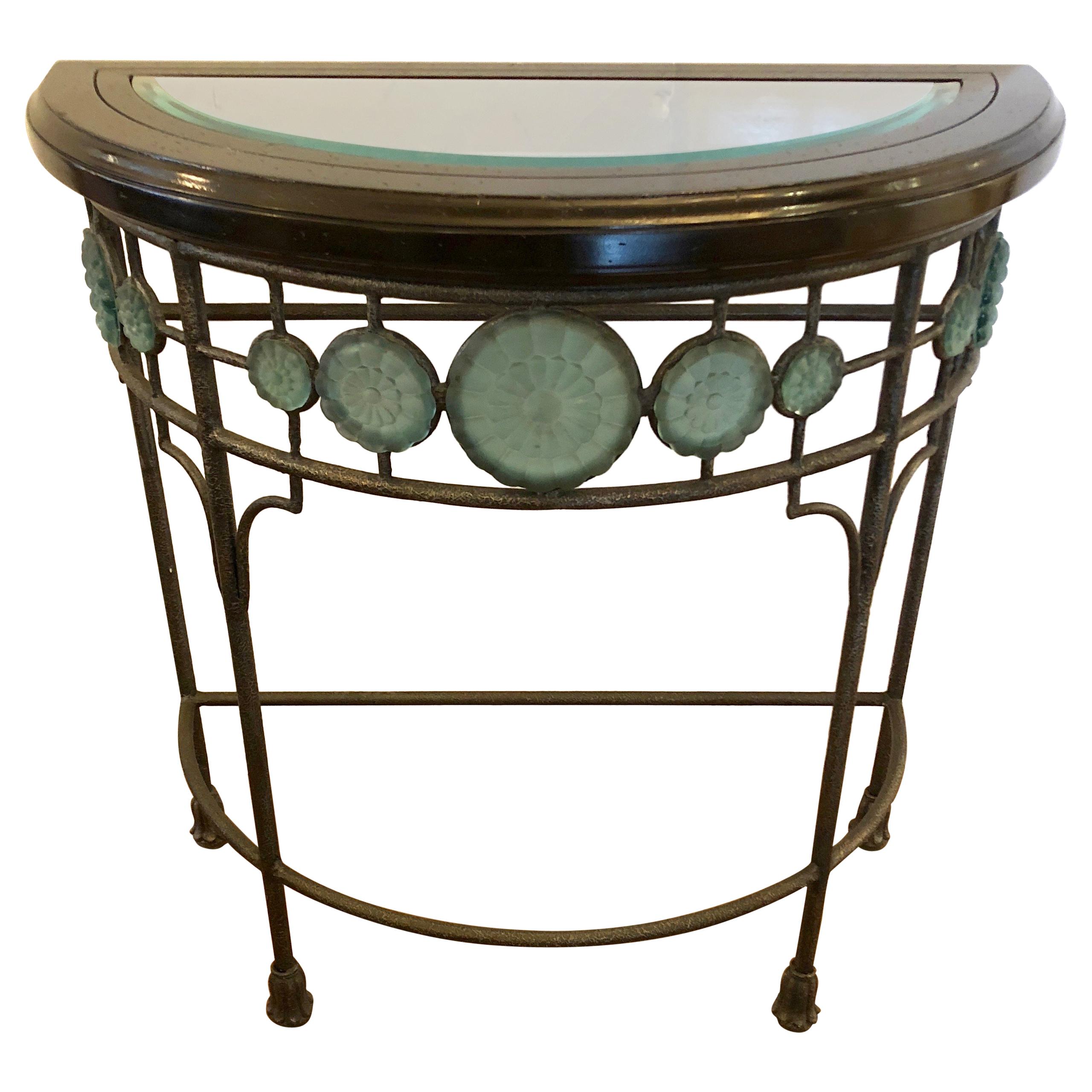 Gorgeous Vintage Iron Demilune Console Table with Glass Celadon Green Rosettes