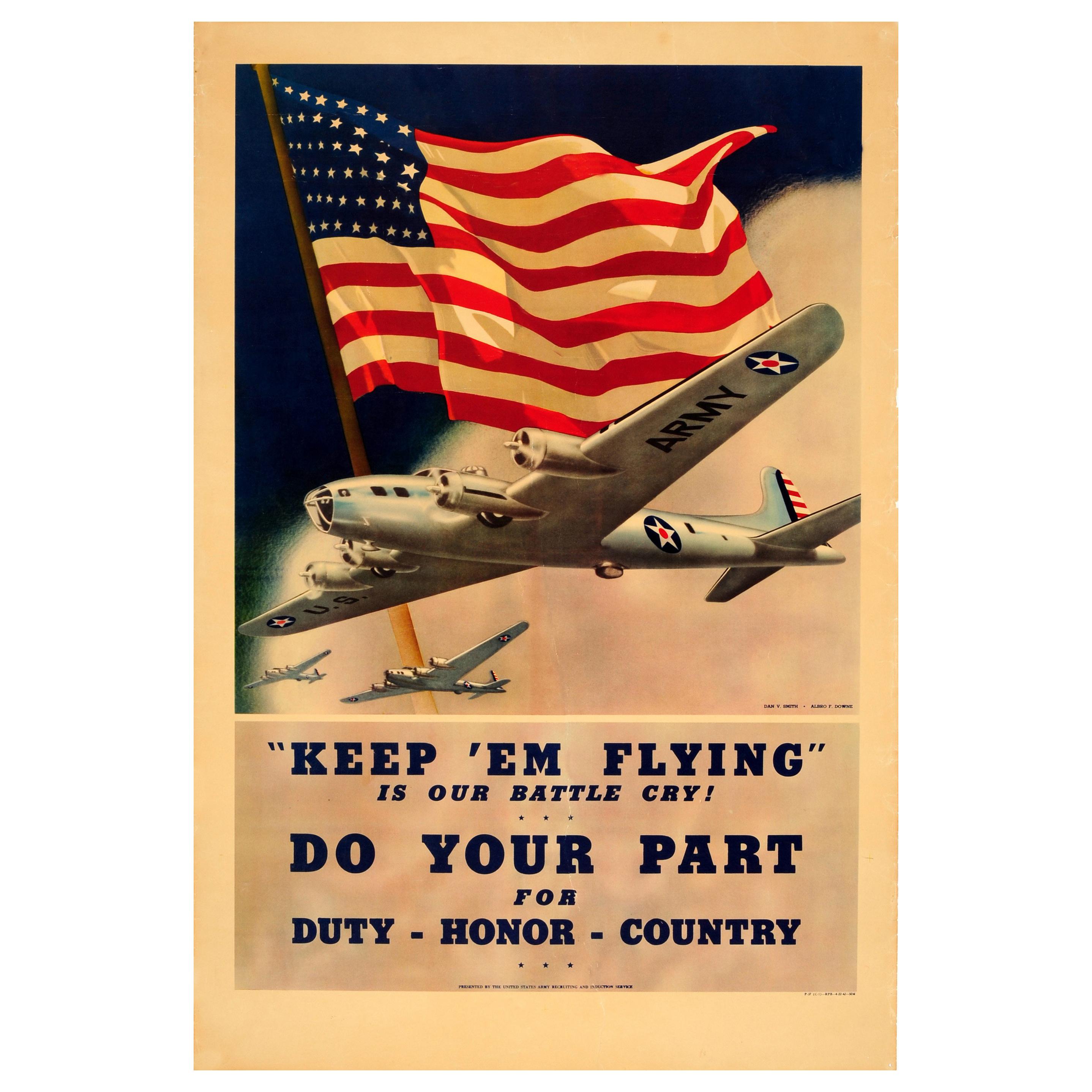 Original Vintage American World War Two Army Poster US Air Force Keep 'em Flying