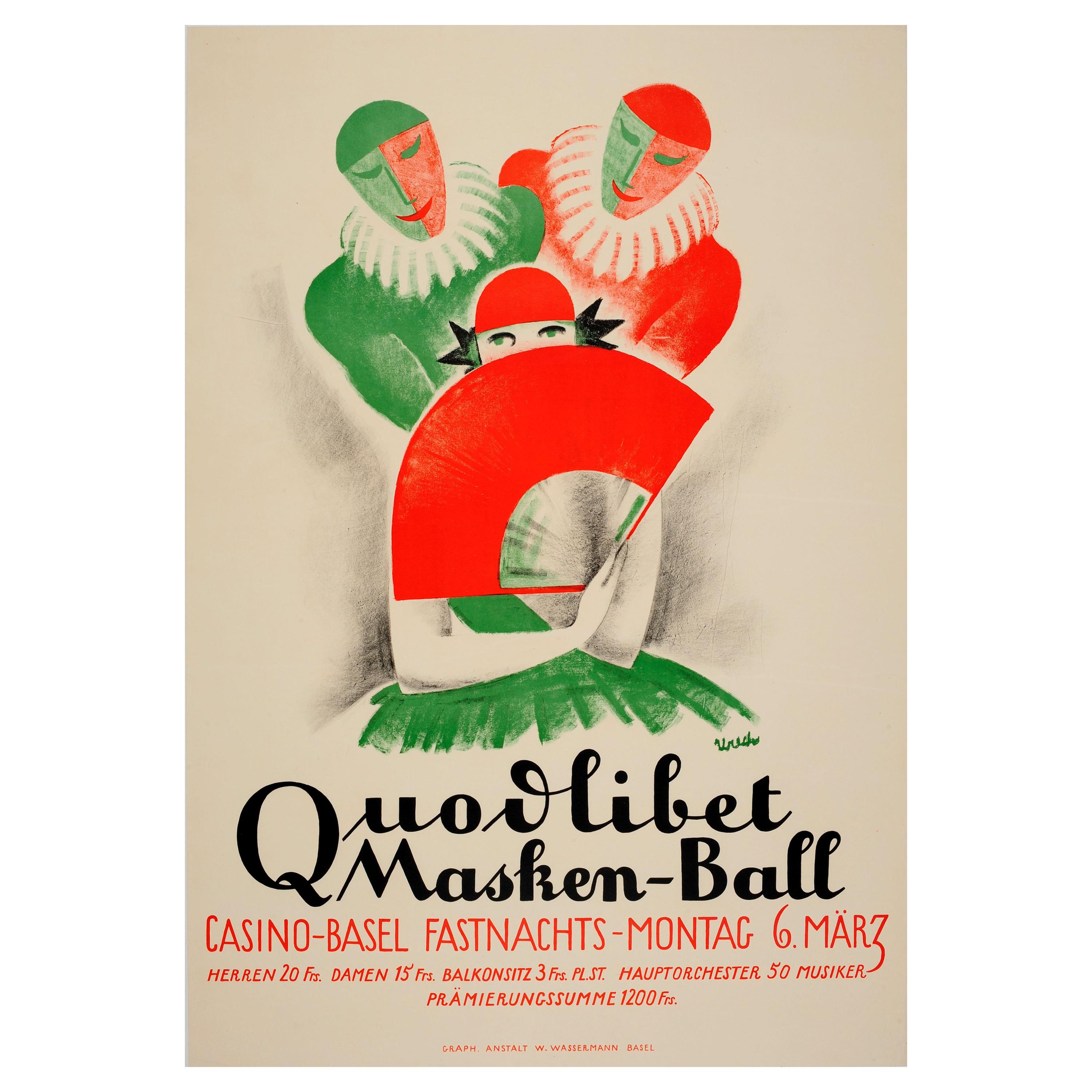 Original Vintage Carnival Poster Quodlibet Masken-Ball Casino Basel Masked Ball For Sale