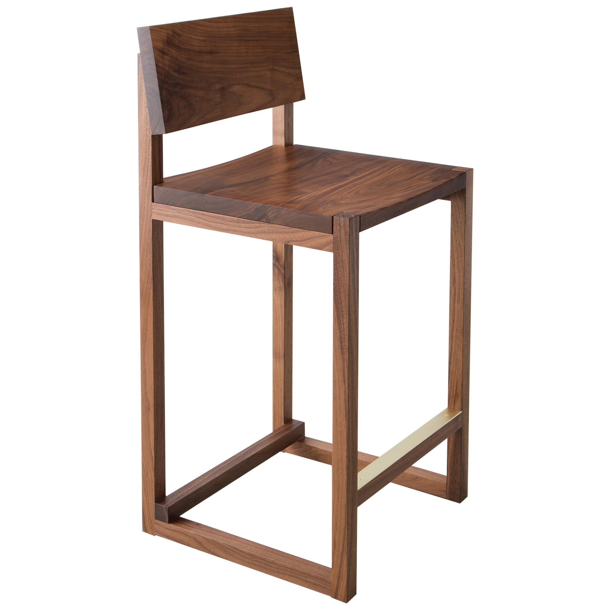 SQ Counter Stool, Solid Walnut Hardwood + Brass Hardware, Handmade in USA