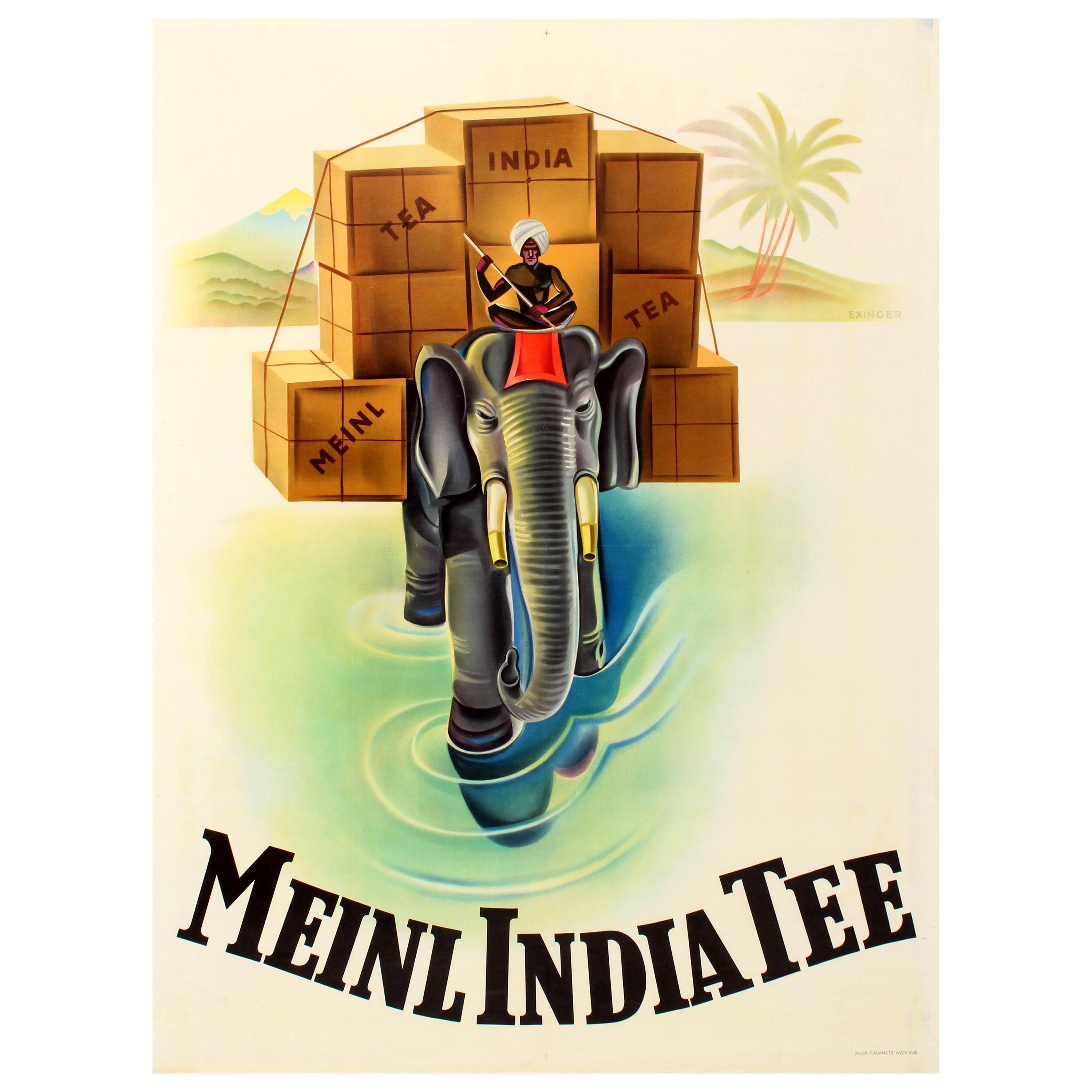 Original Vintage Tea Drink Advertising Poster for Meinl India Tee Ft. Elephant
