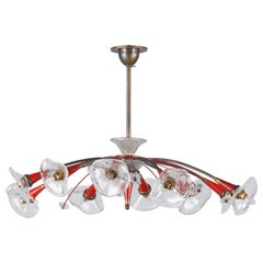 French Midcentury Red Metal 10-Light Chandelier by Lunel