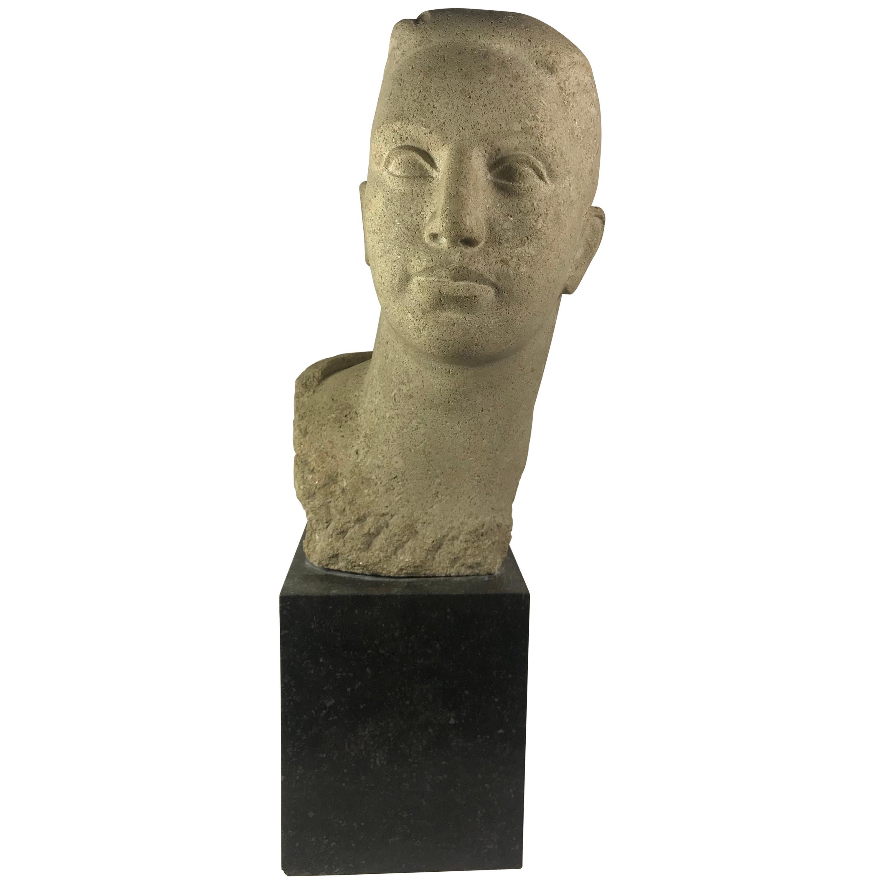 Head in Stone of a Young Man, France, 1950s For Sale