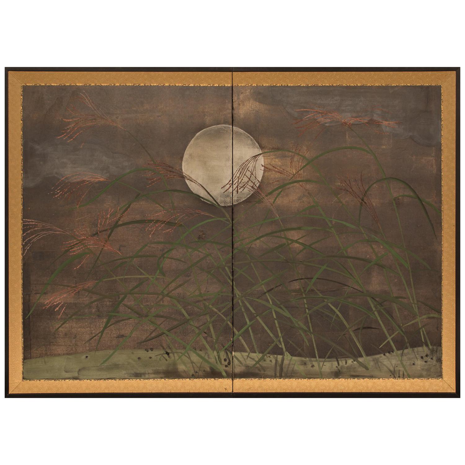 Japanese Two Panel Screen Moon and Wild Grasses on Oxidized Silver with Clouds