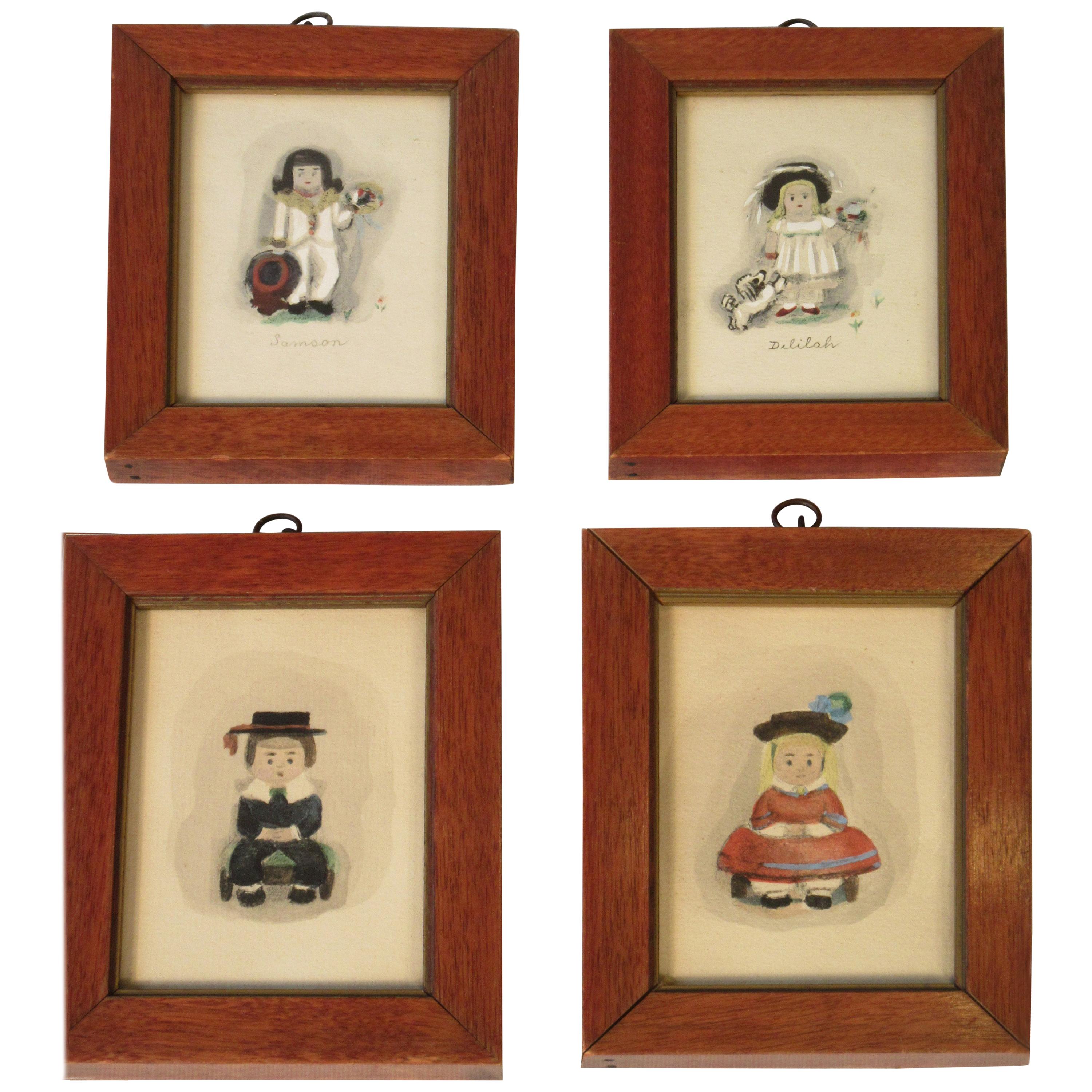 4 Small Water Colors of 19th Century Children For Sale