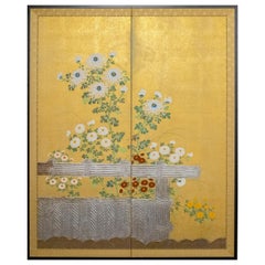 Used Japanese Two-Panel Screen, Rimpa Style Chrysanthemums on a Twig Fence