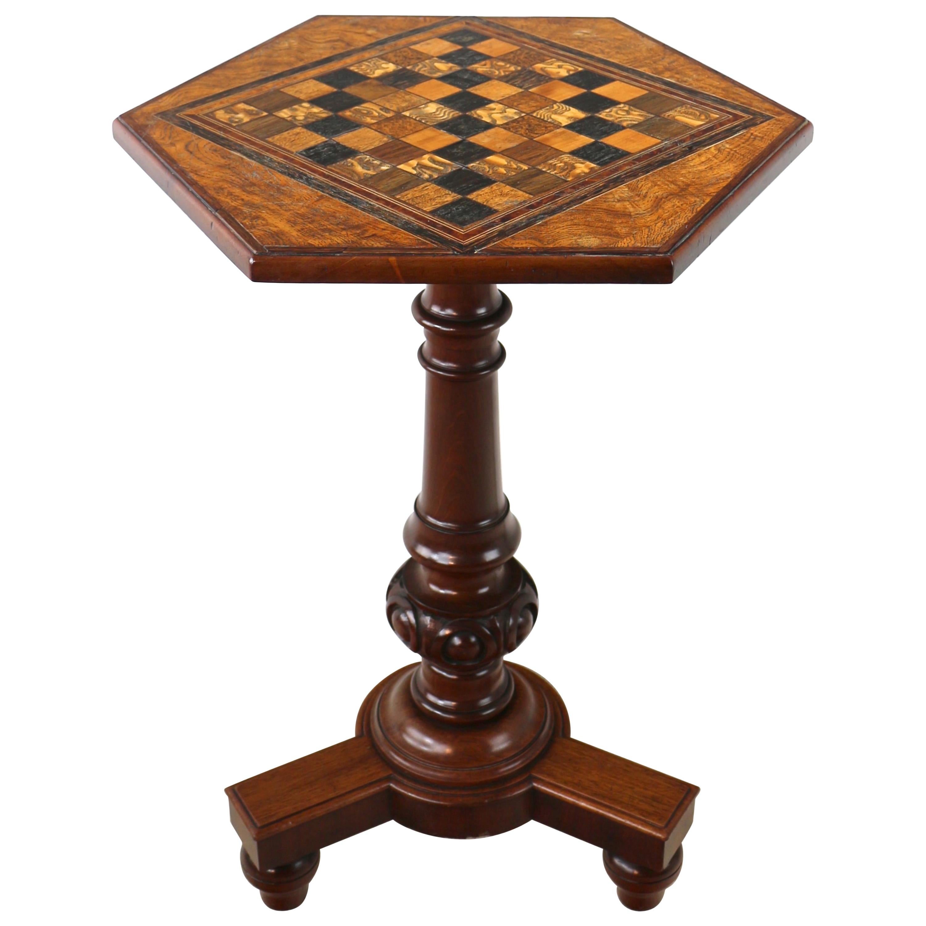 Antique English Pollard Oak Inlaid Specimen Chess Top Occasional Games Table