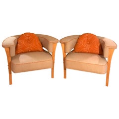 Pair of Mid-Century Style Armchairs with Natural Linen and Orange Piping