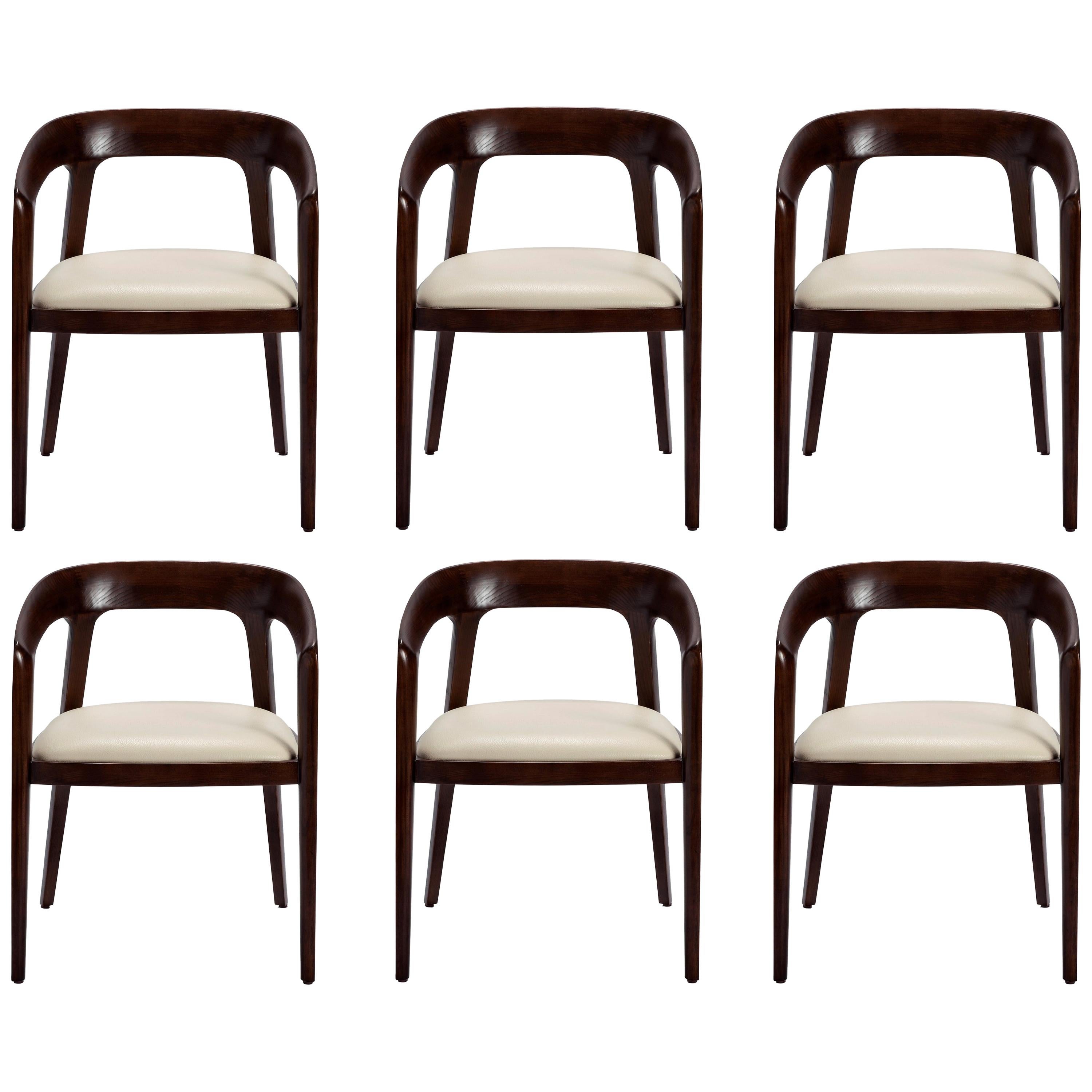 Set of 6, Scandinavian Style Dining Chairs in Dark Walnut and Beige Finish