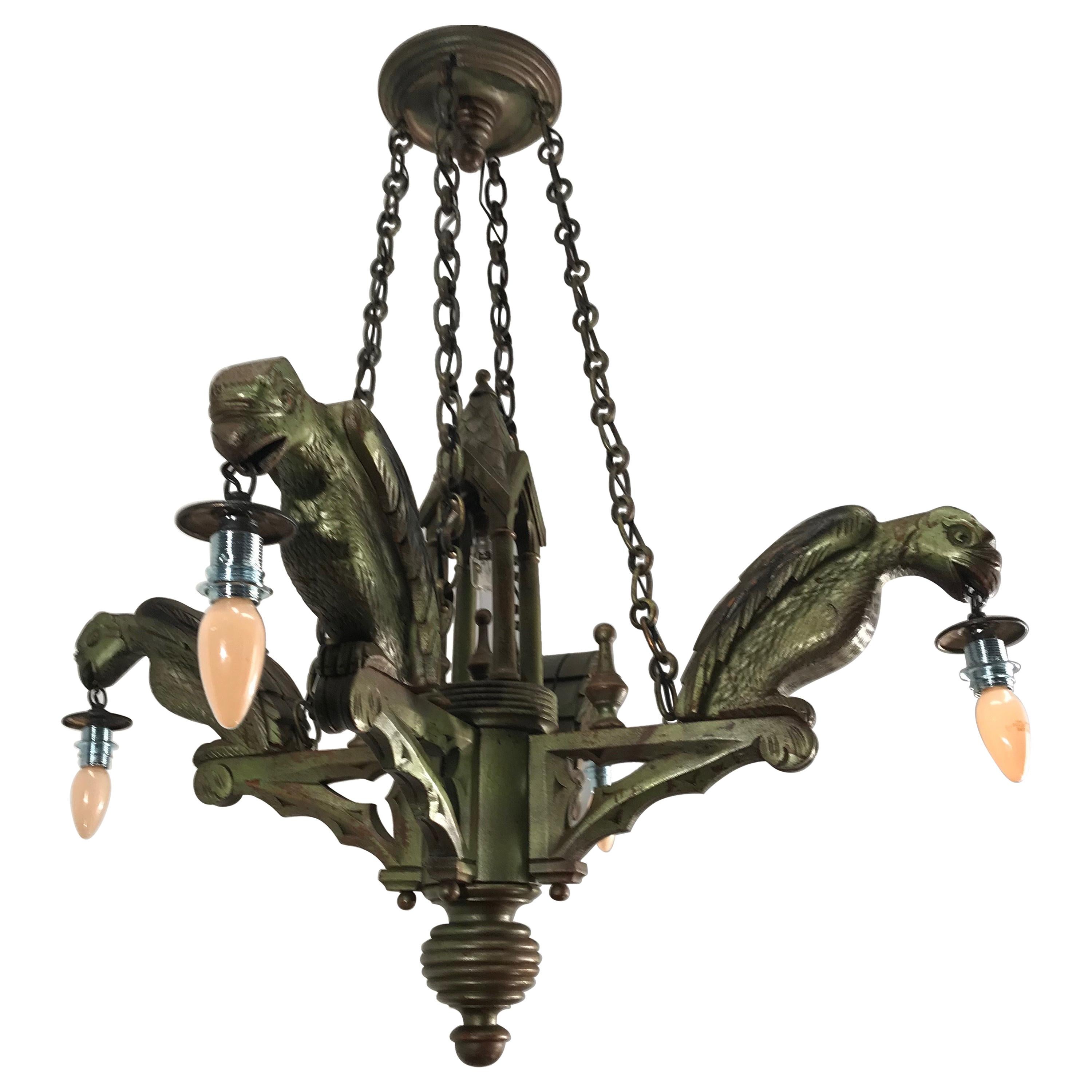 Rare Hand Carved Wooden Gothic Revival Art Chandelier with Gargoyle Sculptures