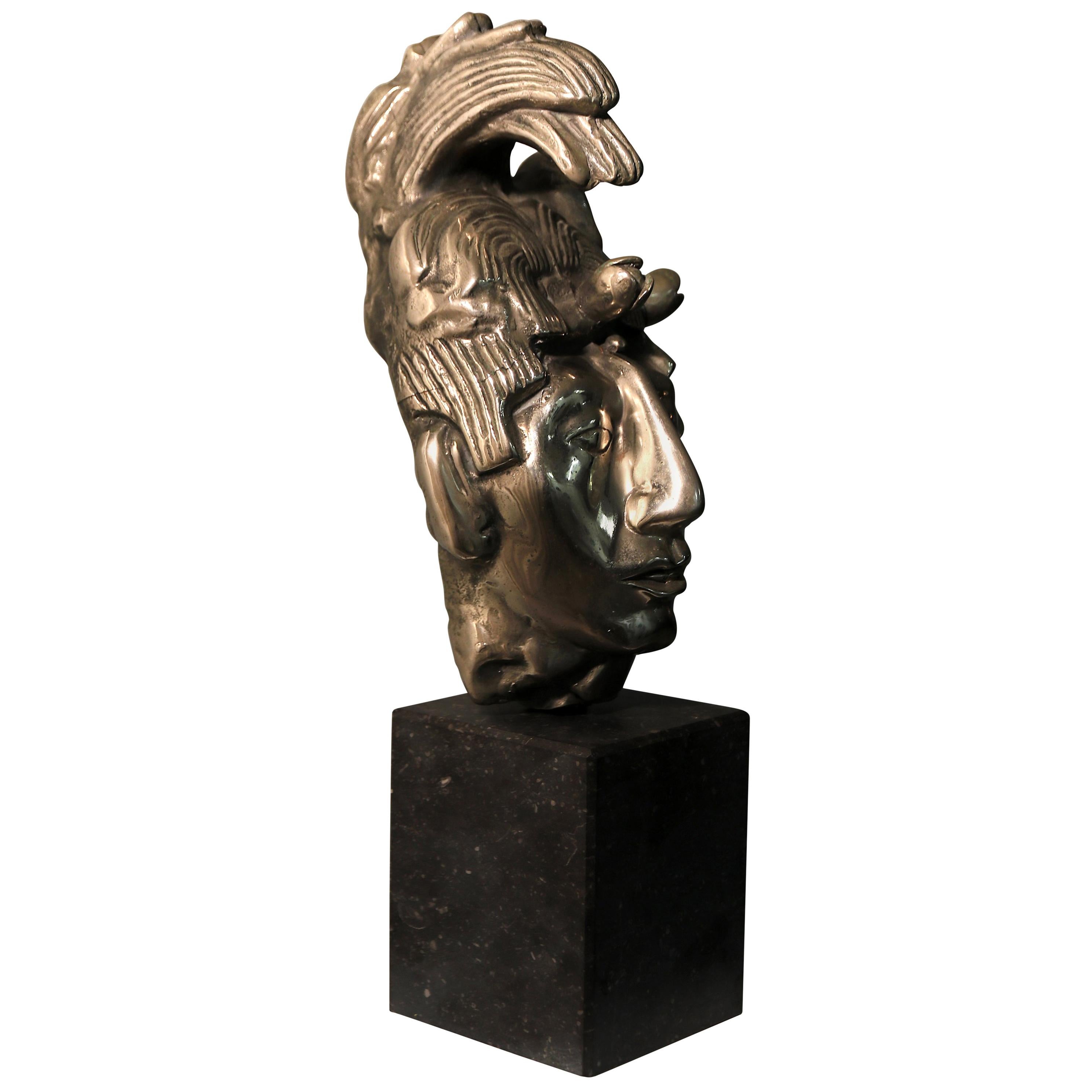 Mayan King Lord Pacal in Cast Silver and Aluminum on Marble Socle For Sale