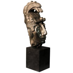 Mayan King Lord Pacal in Cast Silver and Aluminum on Marble Socle