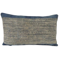 Vintage Blue and Natural Hand-Blocked Tribal Batik Lumbar Decorative Pillow