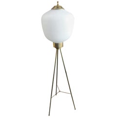 Italian Brass and Rare Opaline Glass Shape Tripod Floor Lamp, 1950s
