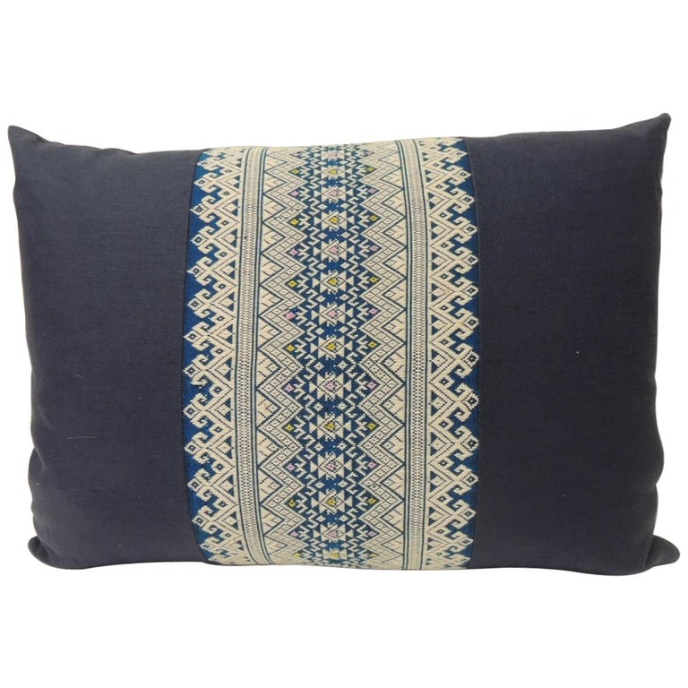Vintage Blue and White Embroidered Asian Decorative Lumbar Pillow For