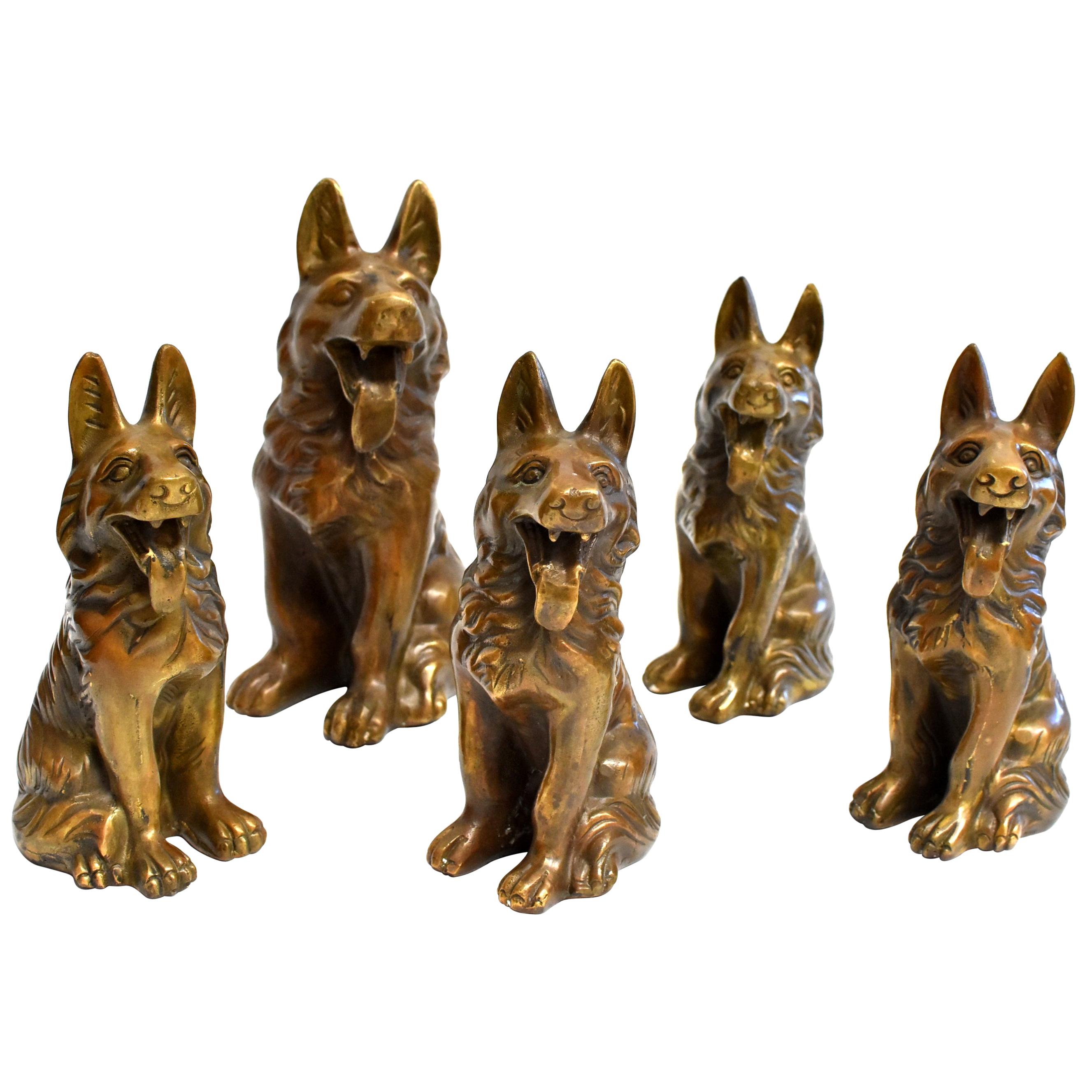 Five Brass Dogs Sculptures, Paperweights