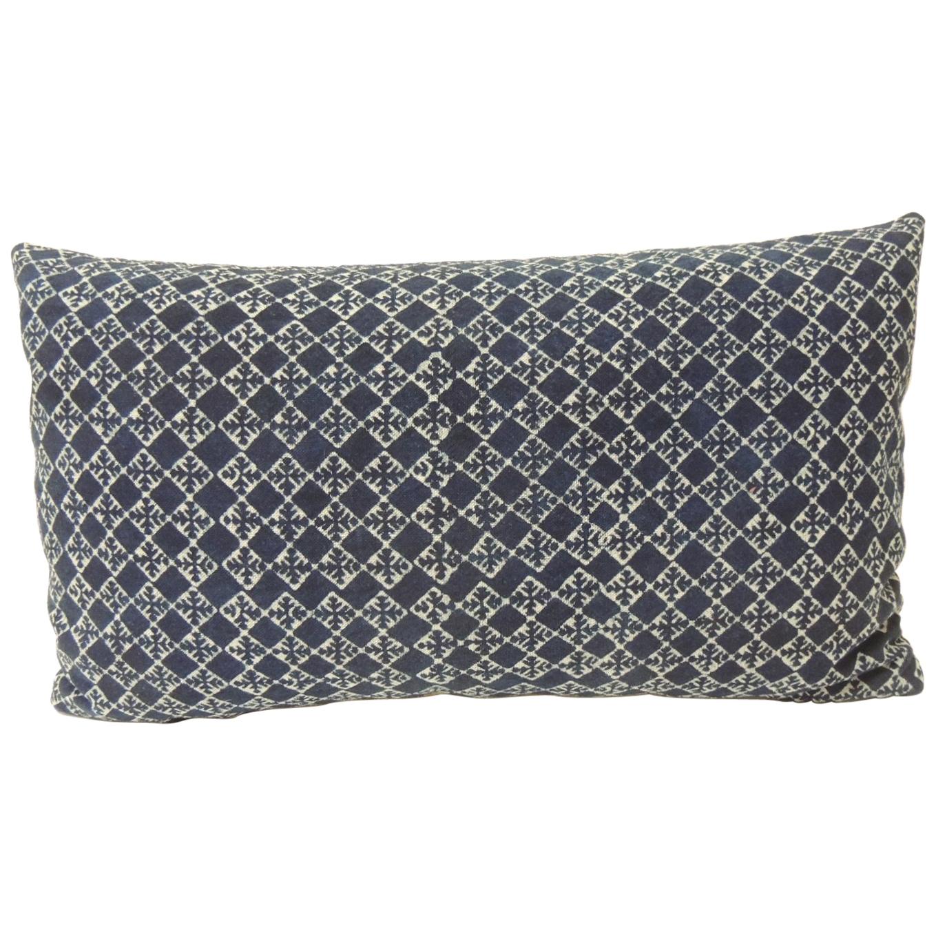 Vintage Blue and White Hand-Blocked Decorative Lumbar Pillow