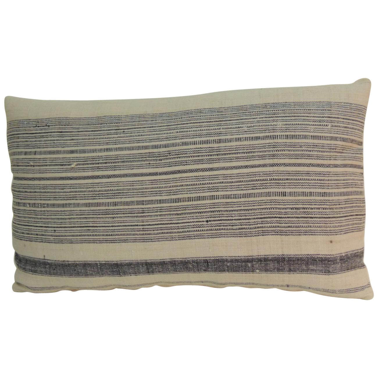 Vintage Chinese Homespun Blue and Natural Stripe Lumbar Pillow