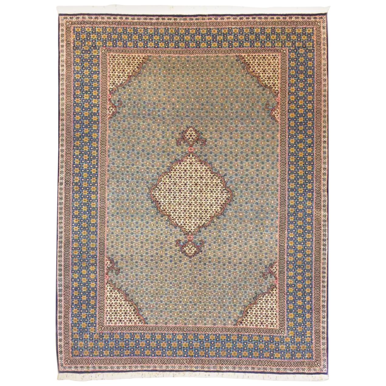 Persian Hand Knotted Blue Qum Rug, circa 1960s