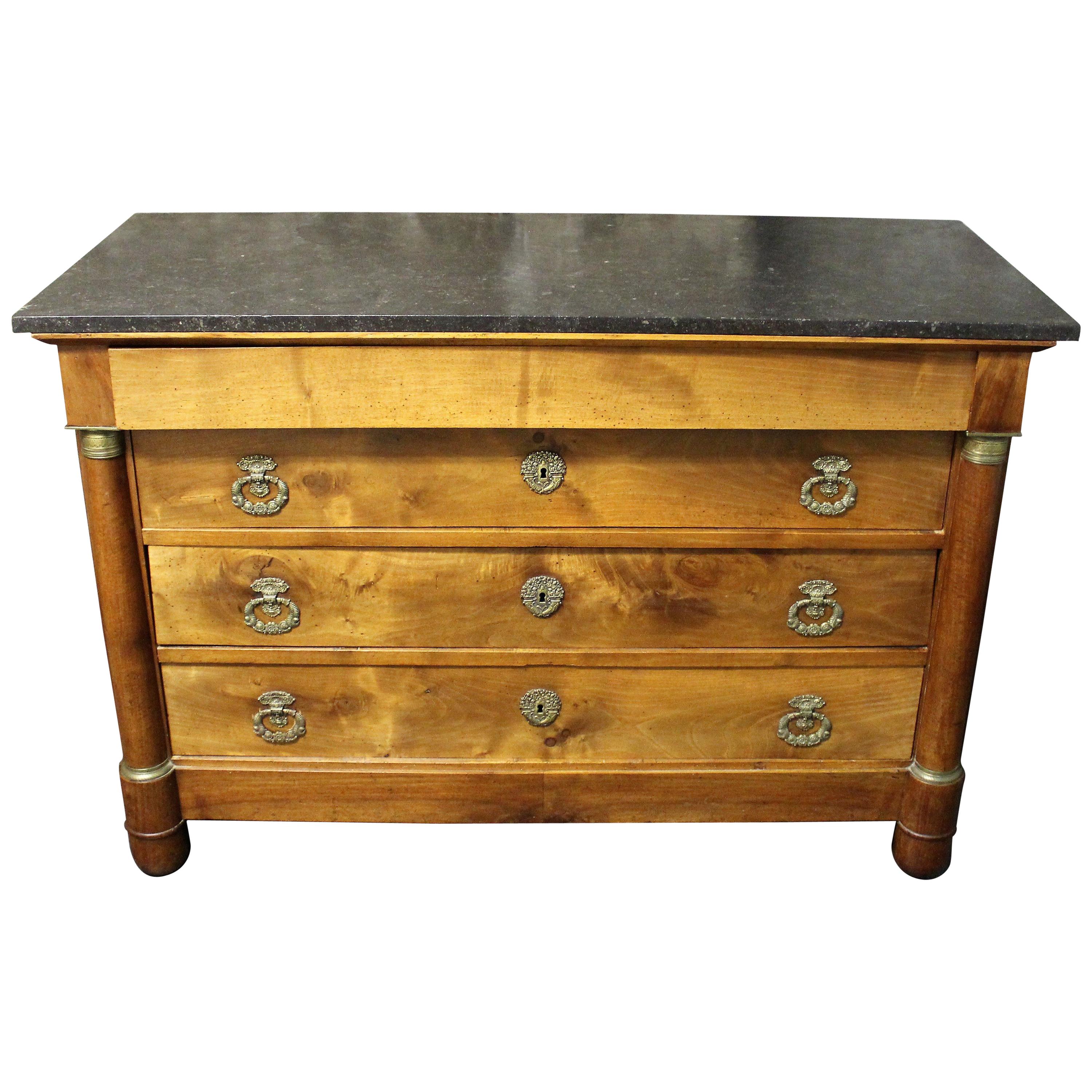 19th Century French Empire Commode in Walnut with Black Marble Top