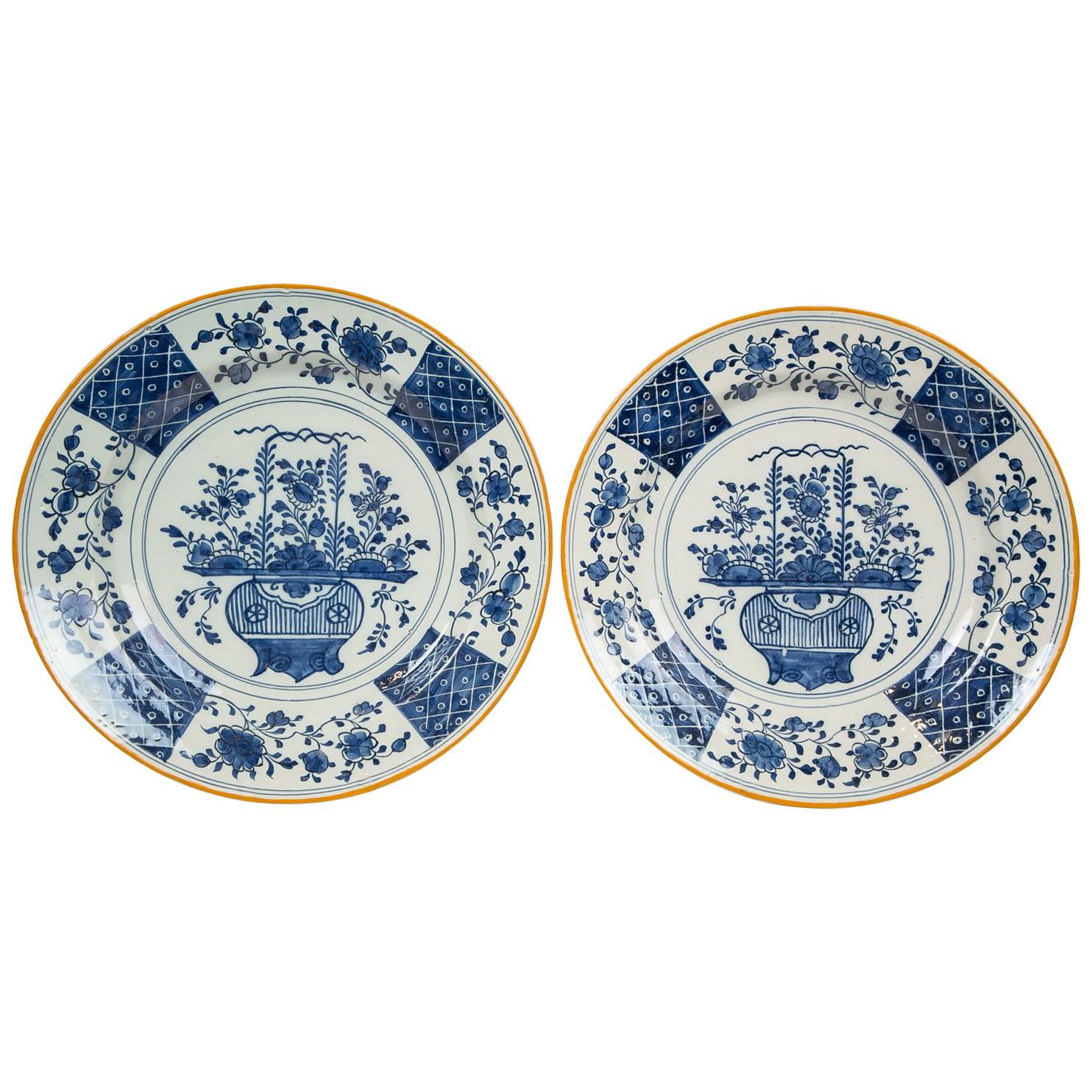 Pair Antique Blue and White Delft Chargers Made by "The Axe" circa 1780 For Sale