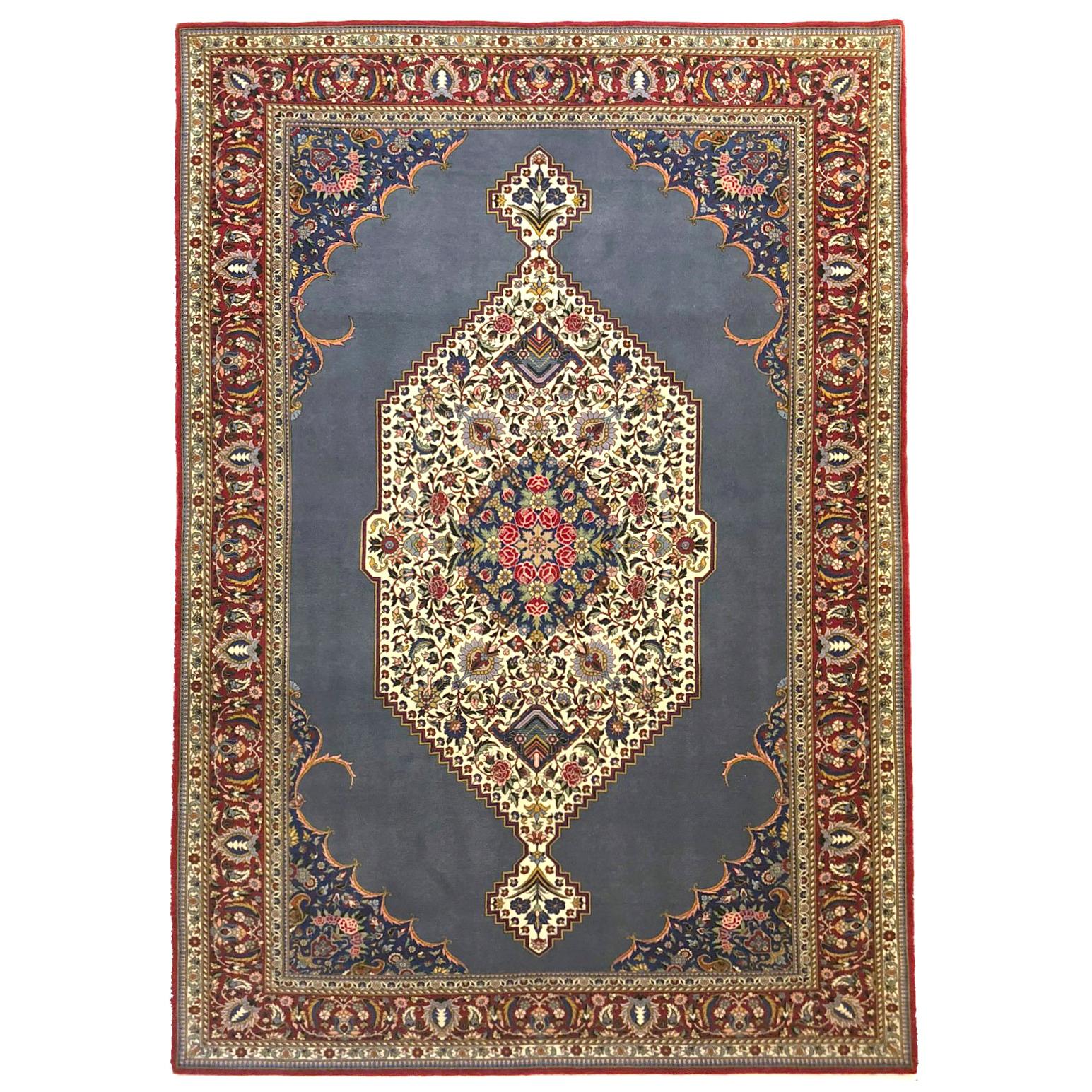 Persian Hand Knotted Medallion Floral Blue Tabriz Rug, 1970s