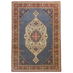 Persian Hand Knotted Medallion Floral Blue Tabriz Rug, 1970s