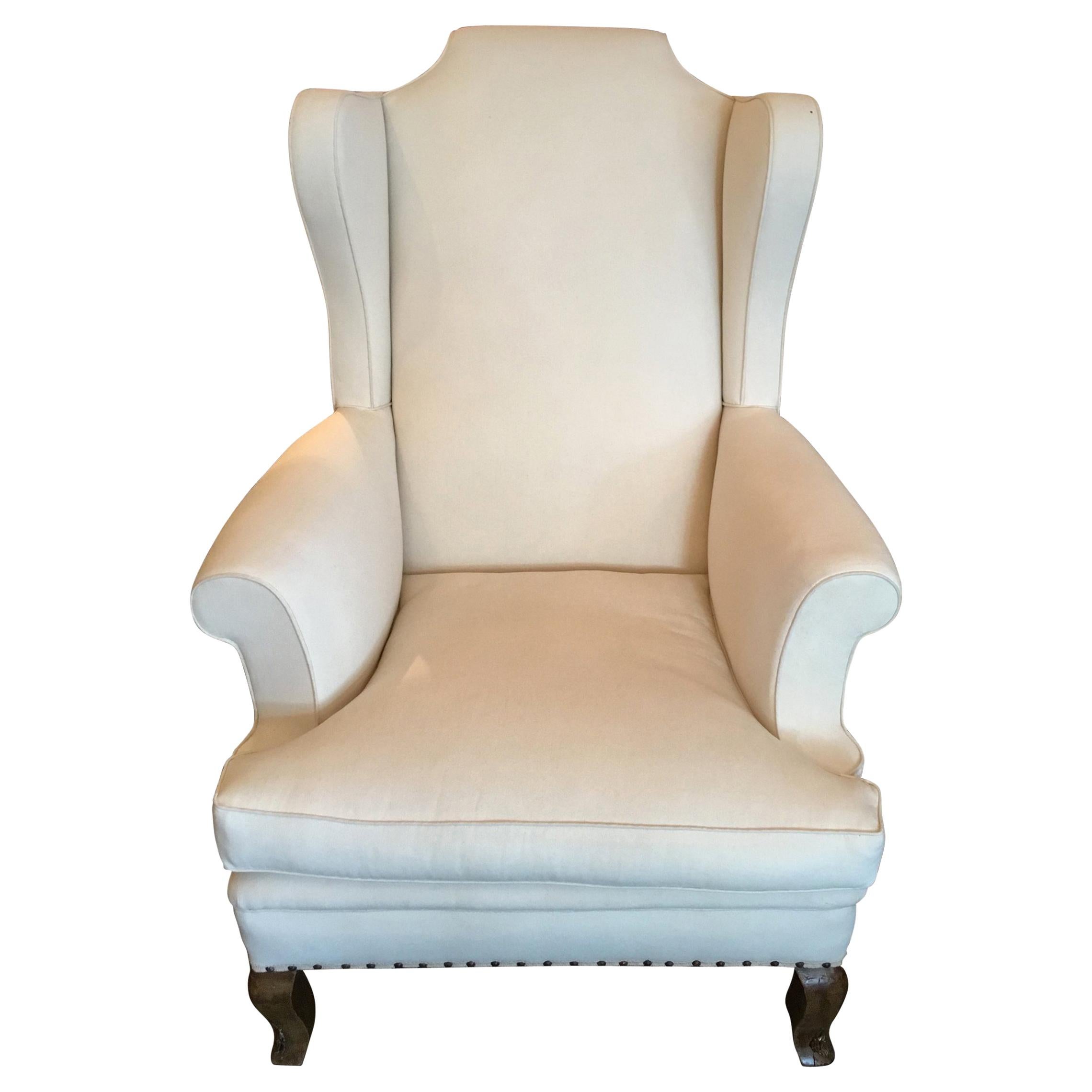 French 19th Century Wingback Armchair Reupholstered in Belgian Linen