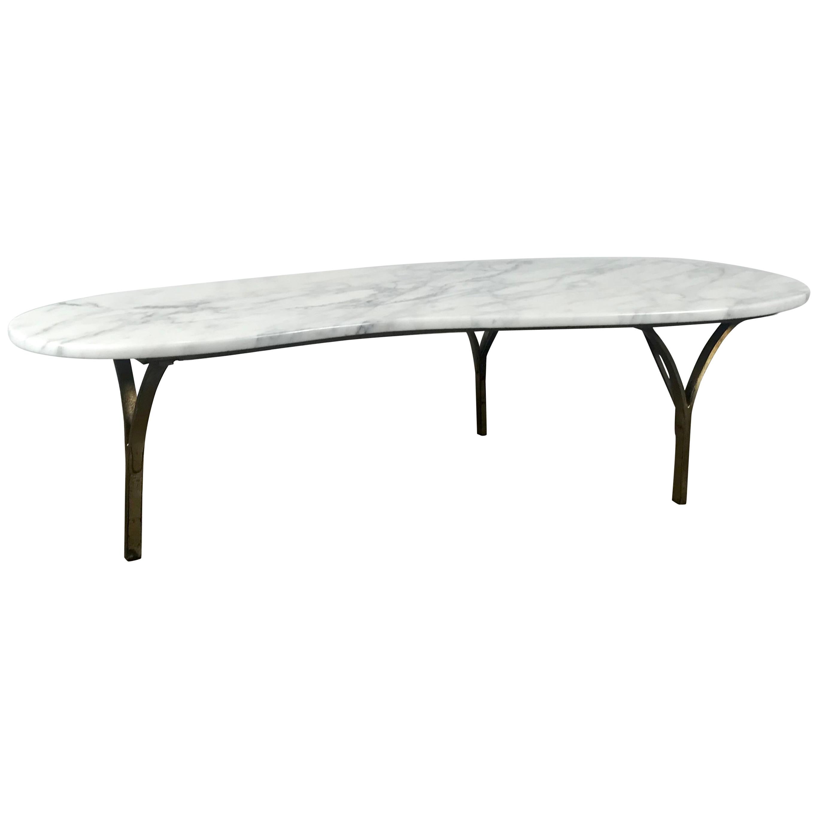 Stunning Kidney Shape Italian Marble and Brass Coffee or Cocktail Table