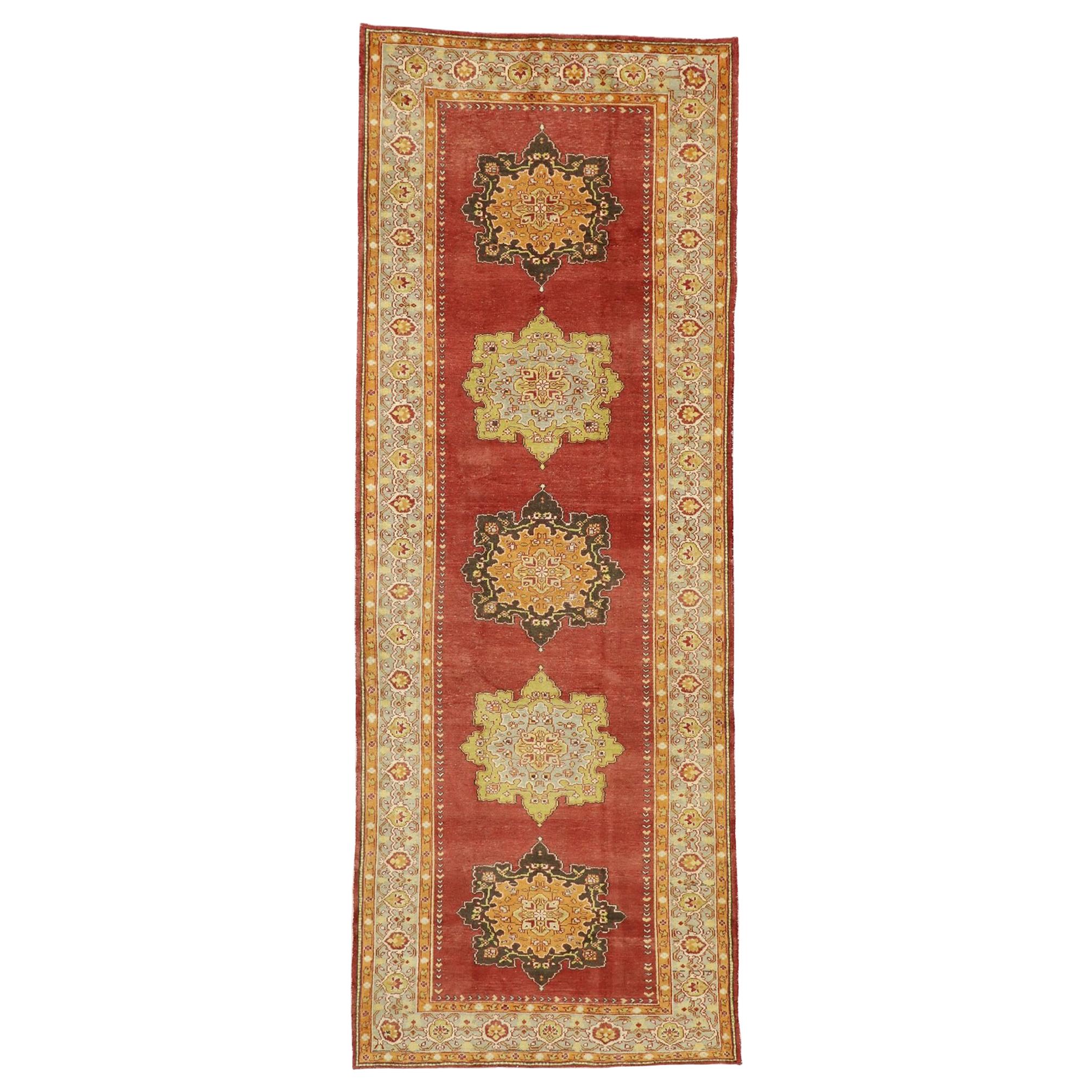 Vintage Turkish Oushak Wide Hallway Runner with Spanish Revival Style
