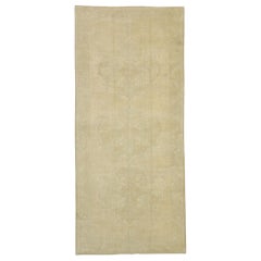Retro Turkish Oushak Rug with Neutral Colors, Wide Hallway Runner