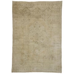 Used Turkish Muted Oushak Rug with Faded Neutral Earth-Tone Colors