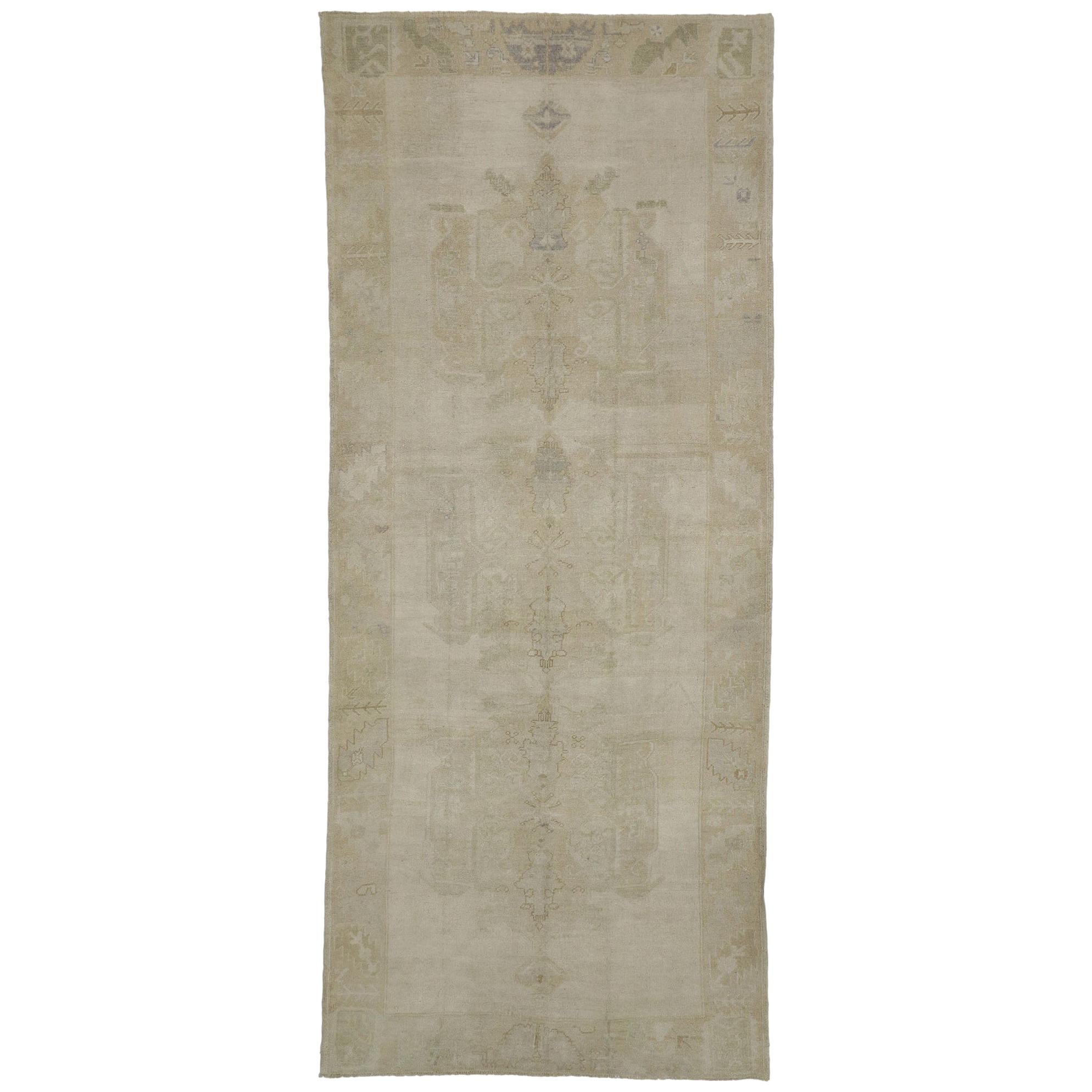 Vintage Turkish Oushak Gallery Rug with Rustic Style and Neutral Colors