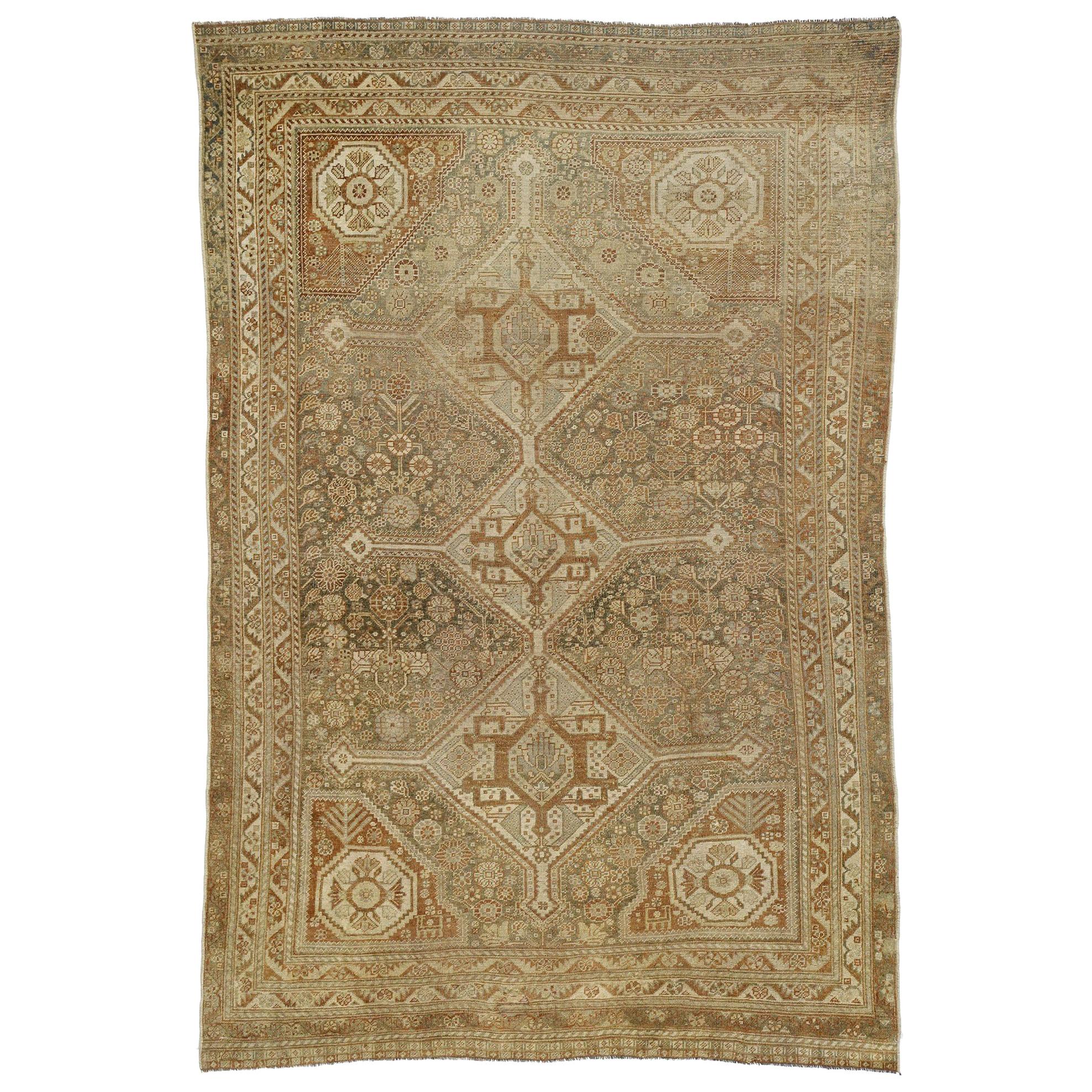 Distressed Antique Persian Shiraz Rug with American Craftsman Rustic Style For Sale