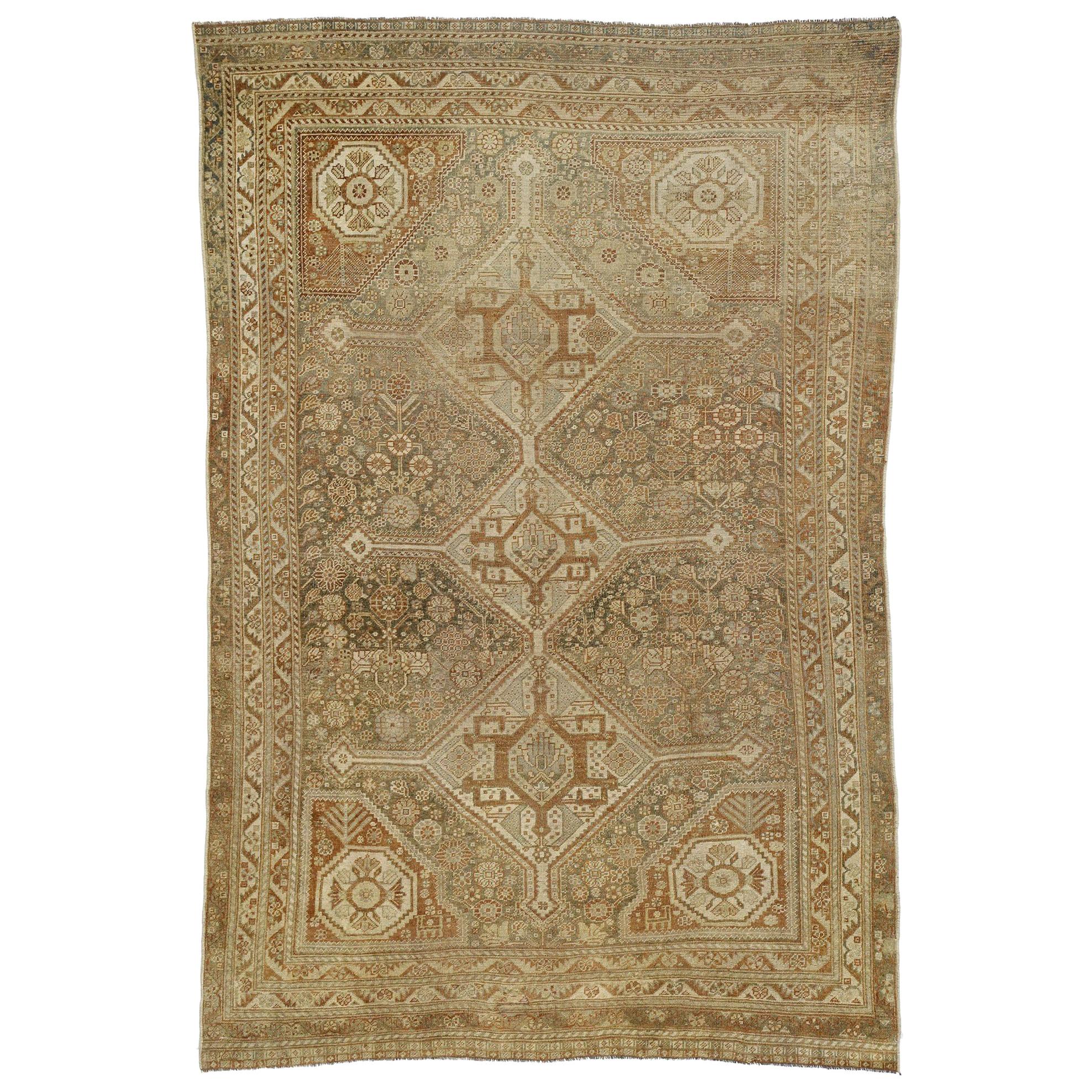 Antique Earth-Tone Persian Shiraz Carpet, 05'00 x 07'07 For Sale
