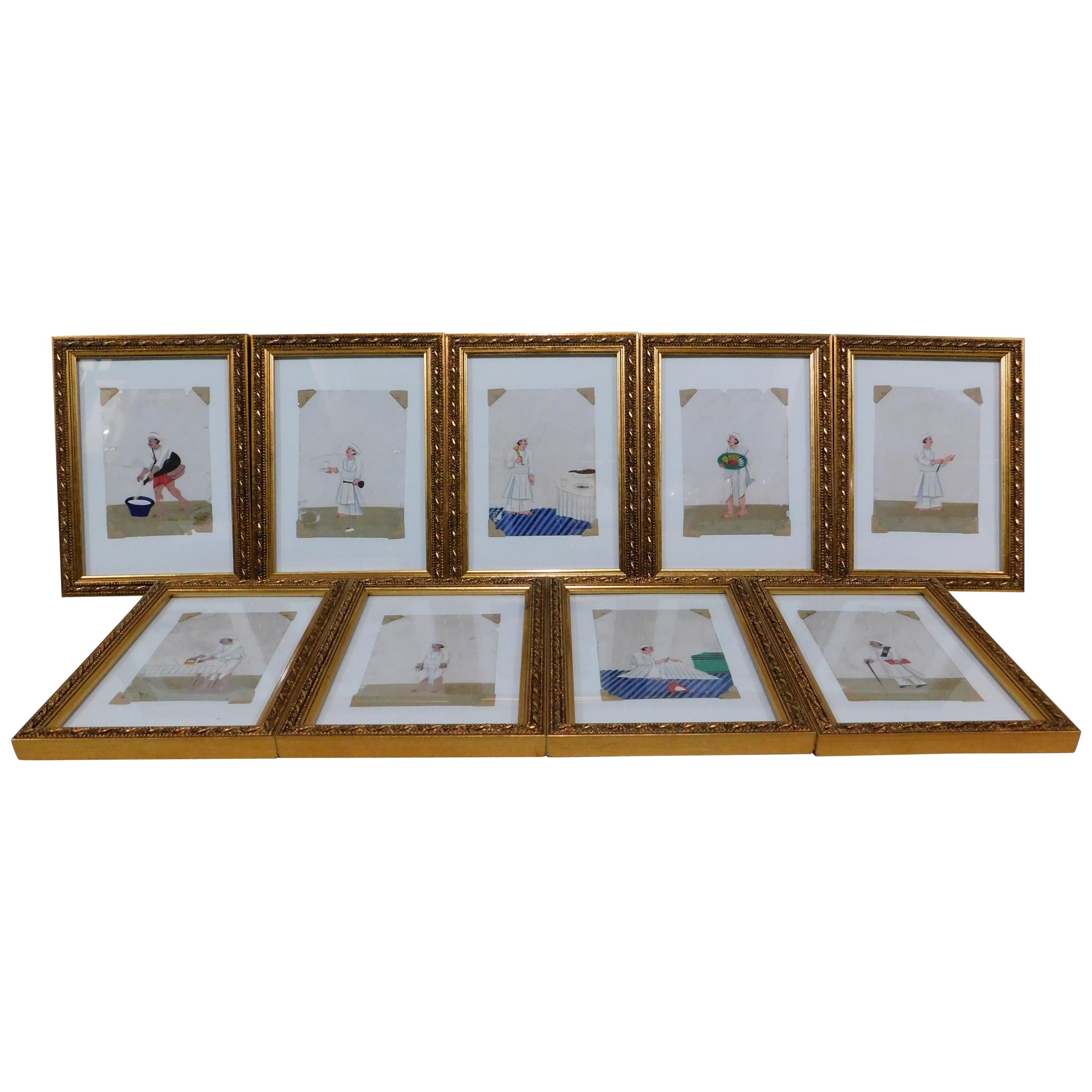 Collection of 9 Asian Miniature Gouache "Company School" Paintings on Mica
