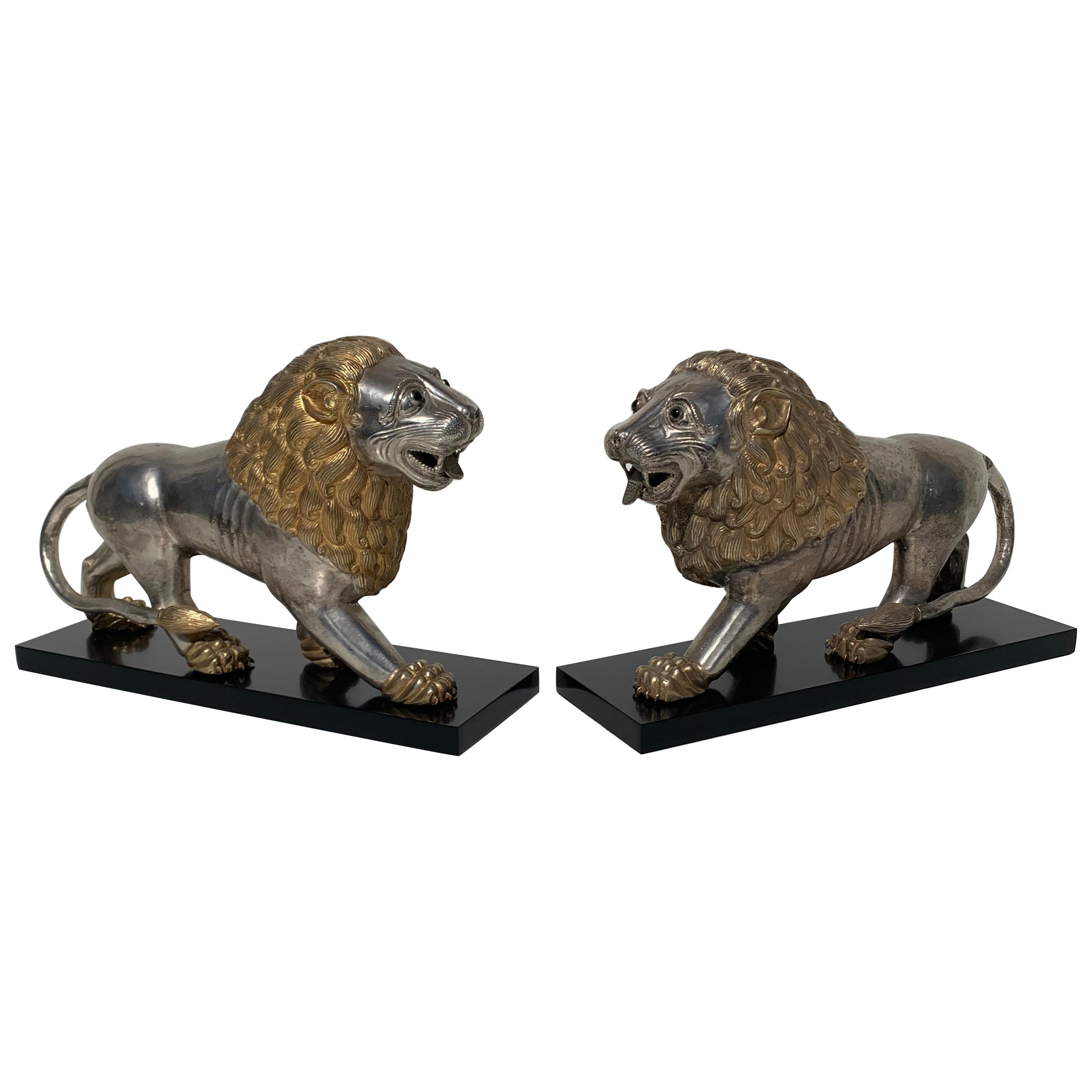 Pair of Silvered Brass Anglo Indian Lion Sculptures Bookends