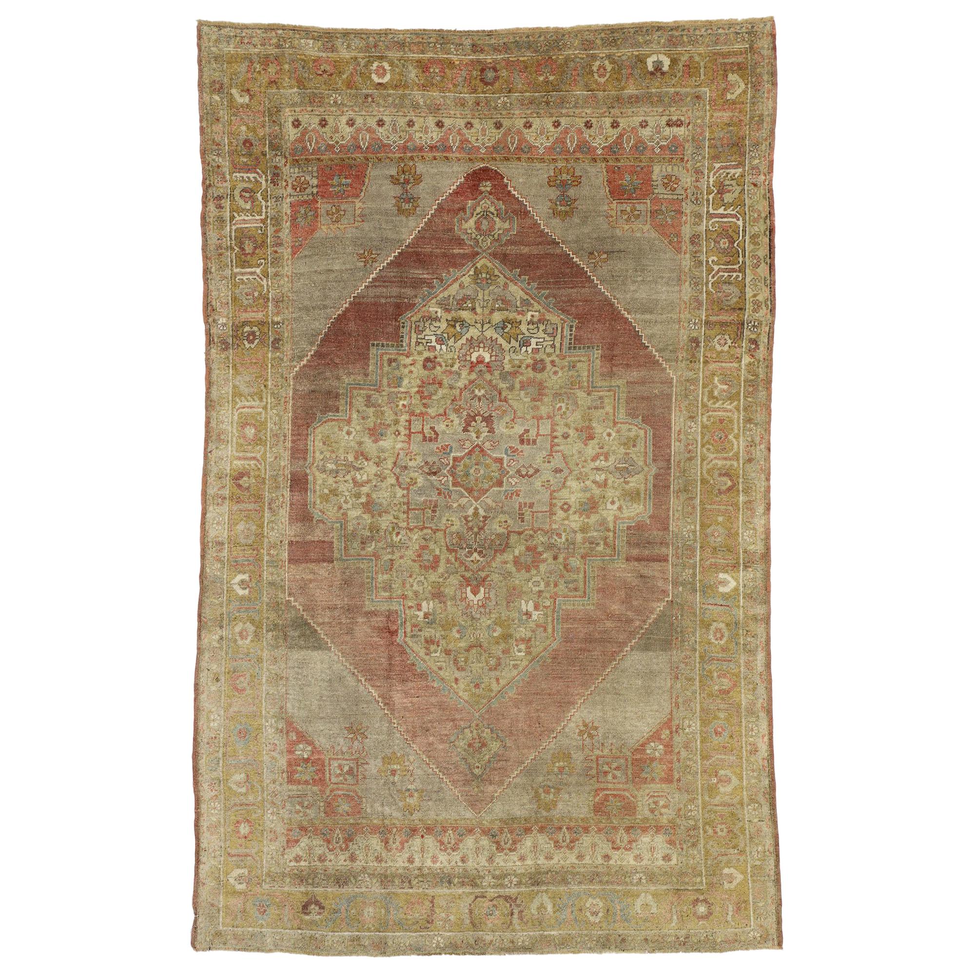 Distressed Vintage Turkish Oushak Rug with Rustic Jacobean Style For Sale
