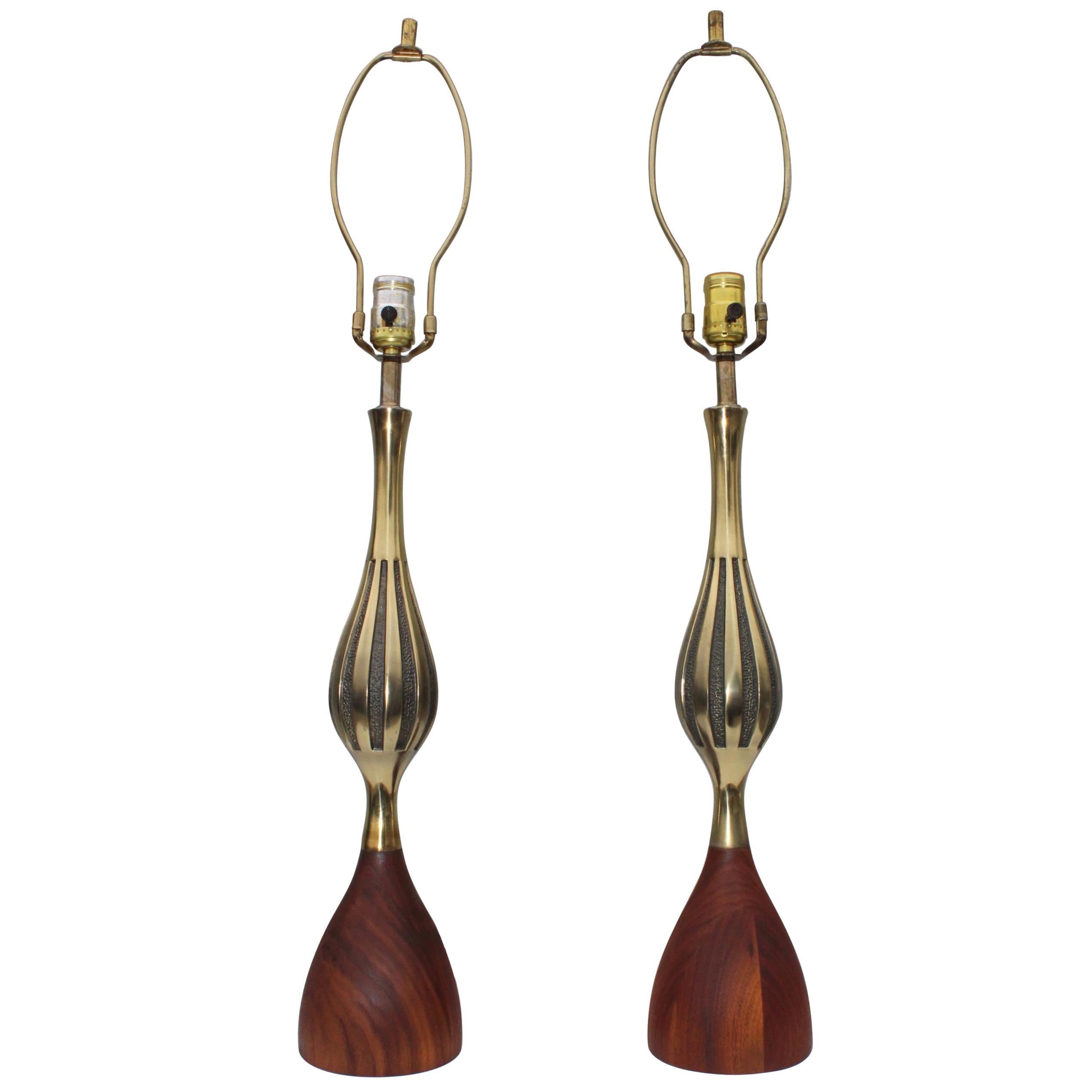Tony Paul Mid-Century Modern Brass and Walnut Table Lamps