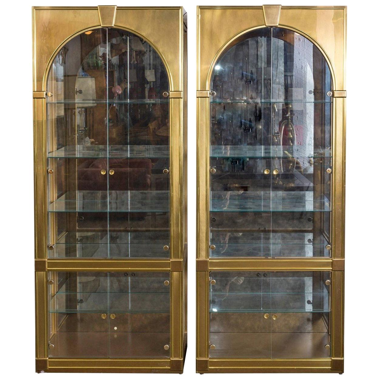 Pair of Classical Palladian Style Brass and Glass Vitrines by Mastercraft