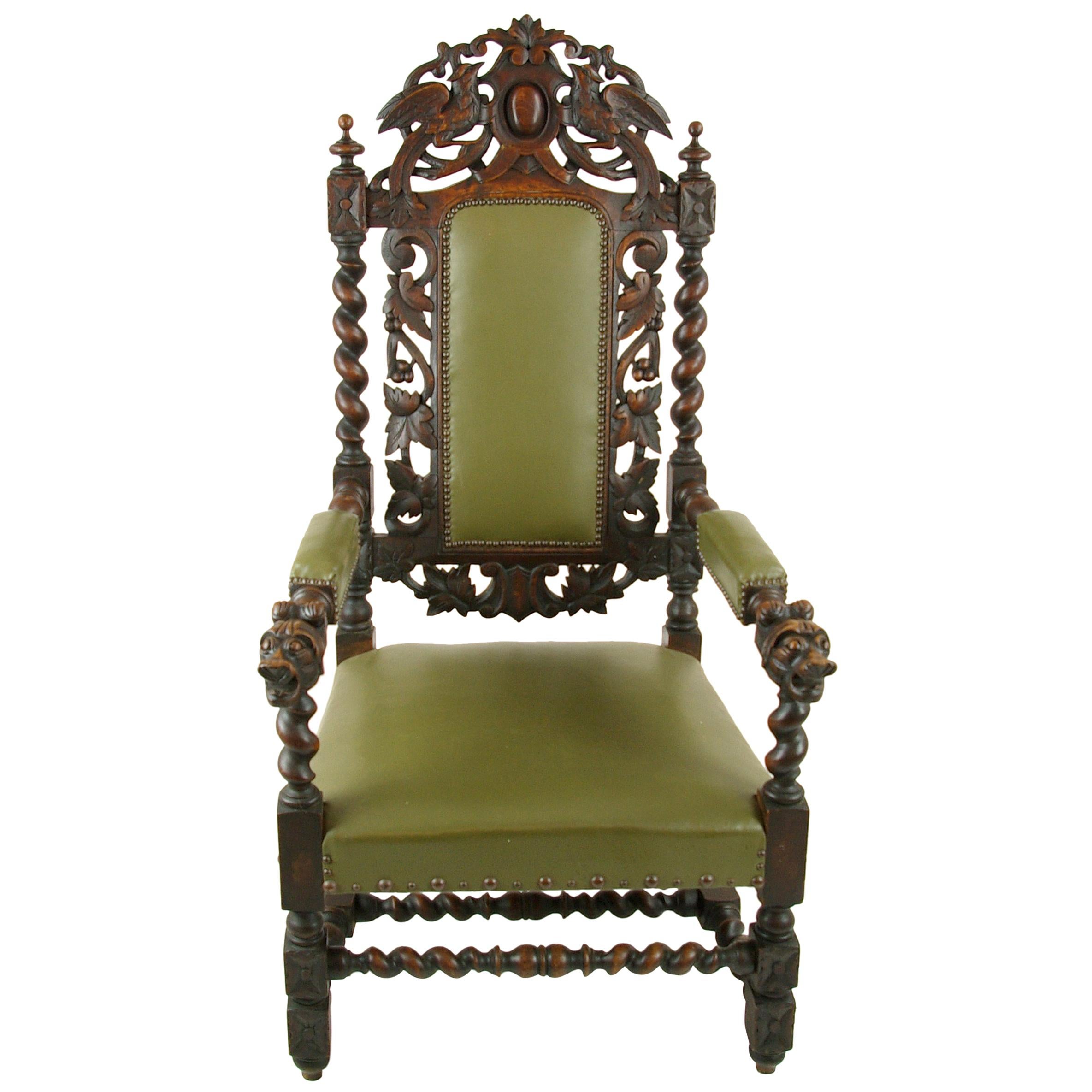 Antique Oak Chair, Victorian Carved Barley Twist Chair, Scotland 1880s, B1333