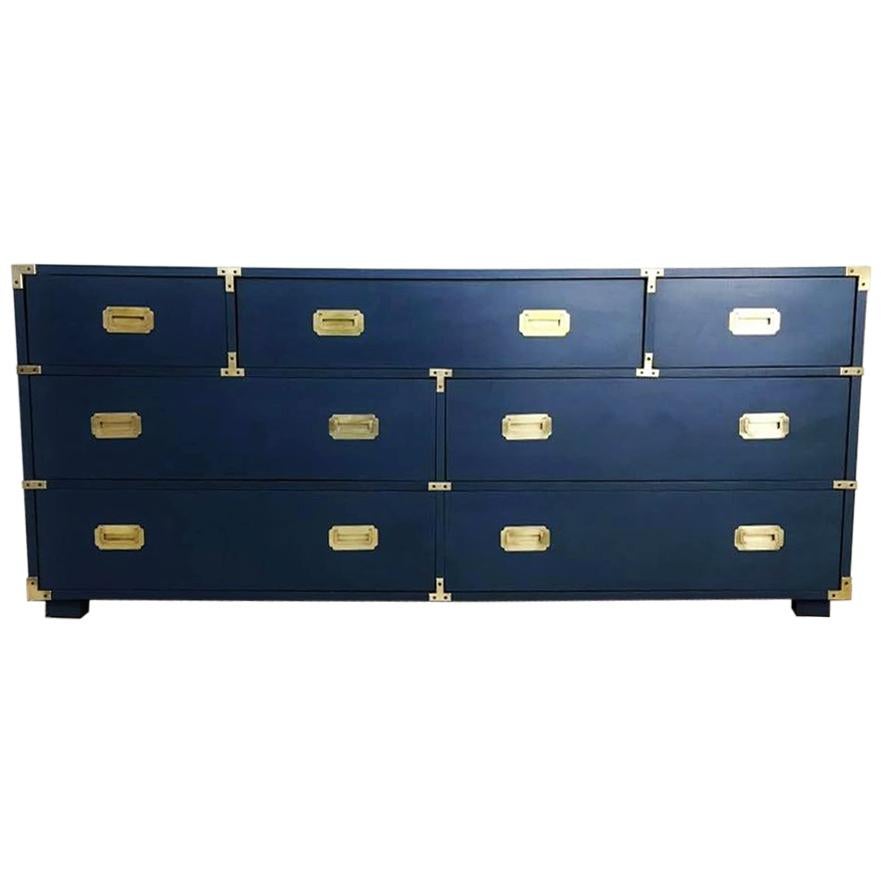 Lacquered in Royal Blue Campaign Style Seven-Drawer Dresser For Sale