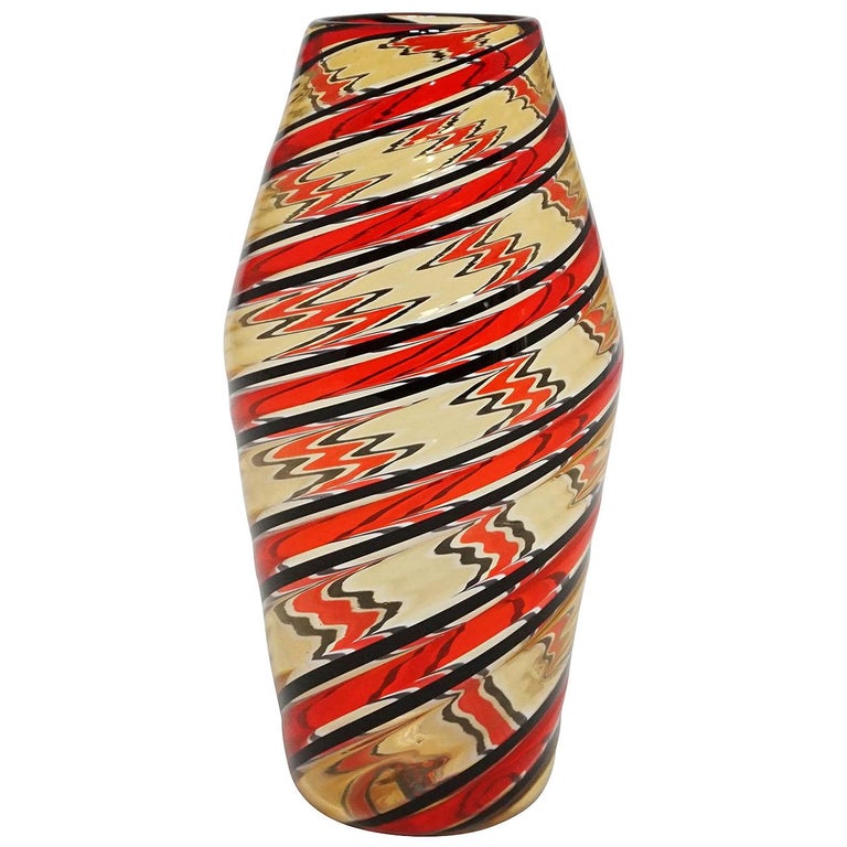 Fratelli Toso 'a canne' Vase in Red, Yellow and Black, Murano, Italy