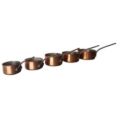 Vintage Second Half of the 20th Century French 5-Piece Copper Pans