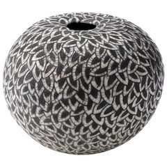 Contemporary Black and White Ceramic Globe Vase, Boule Plumes