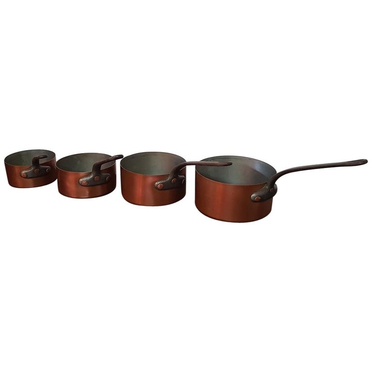 Vintage 20th Century 4-Piece French Copper Pans For Sale