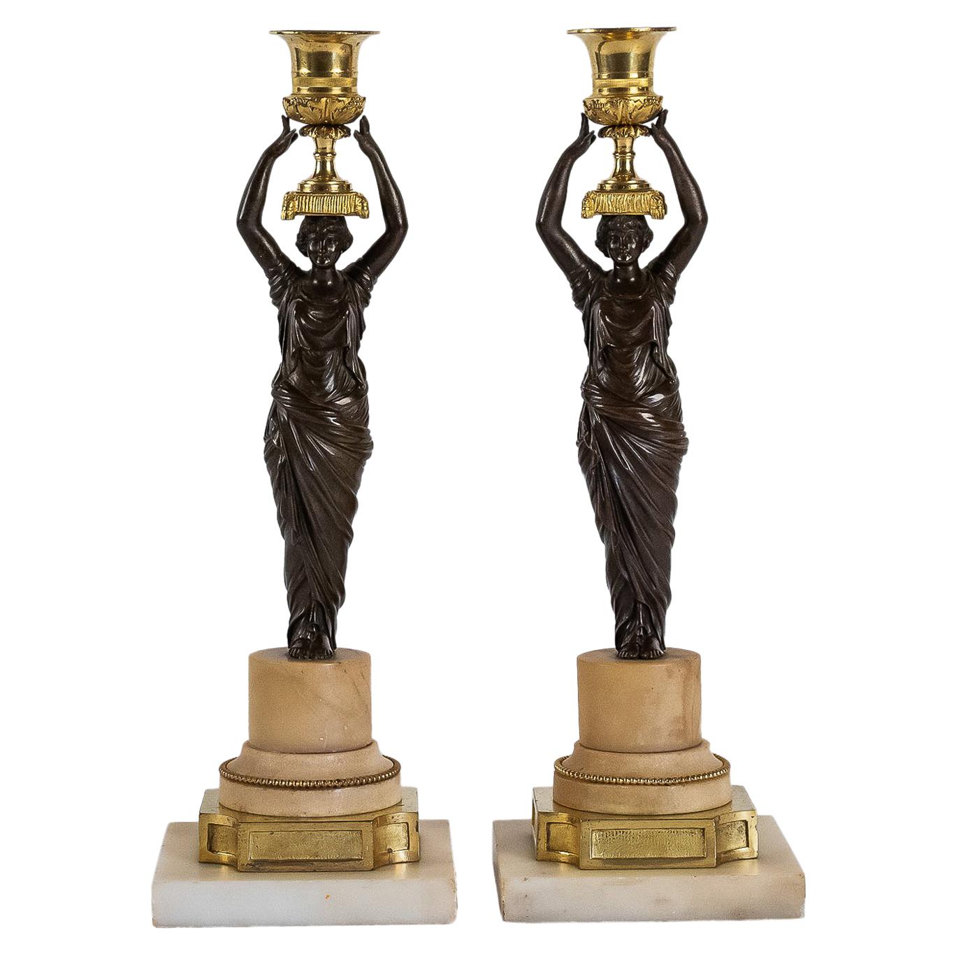 French Louis XVI Period, Pair of Patinated and Gilded Candlesticks, circa 1780 For Sale